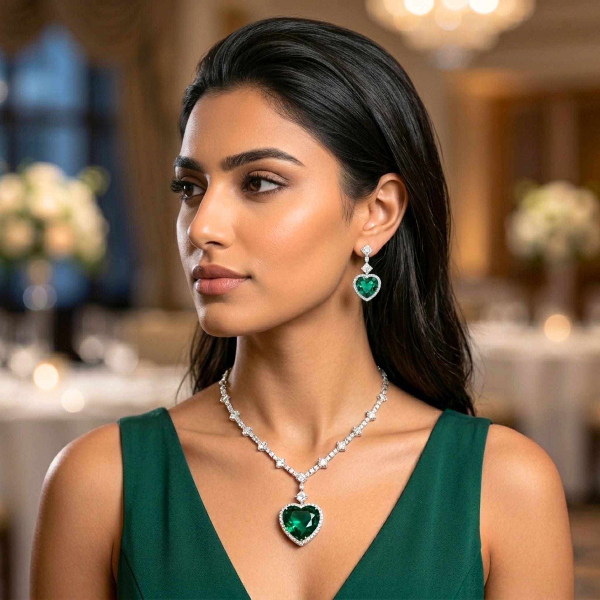 Woman wearing a white gold emerald heart necklace gemstone pendant Y necklace together with matching heart earrings from the Jewellery 4 Elegance collection set in a formal setting.  Digitally rendered model for scale