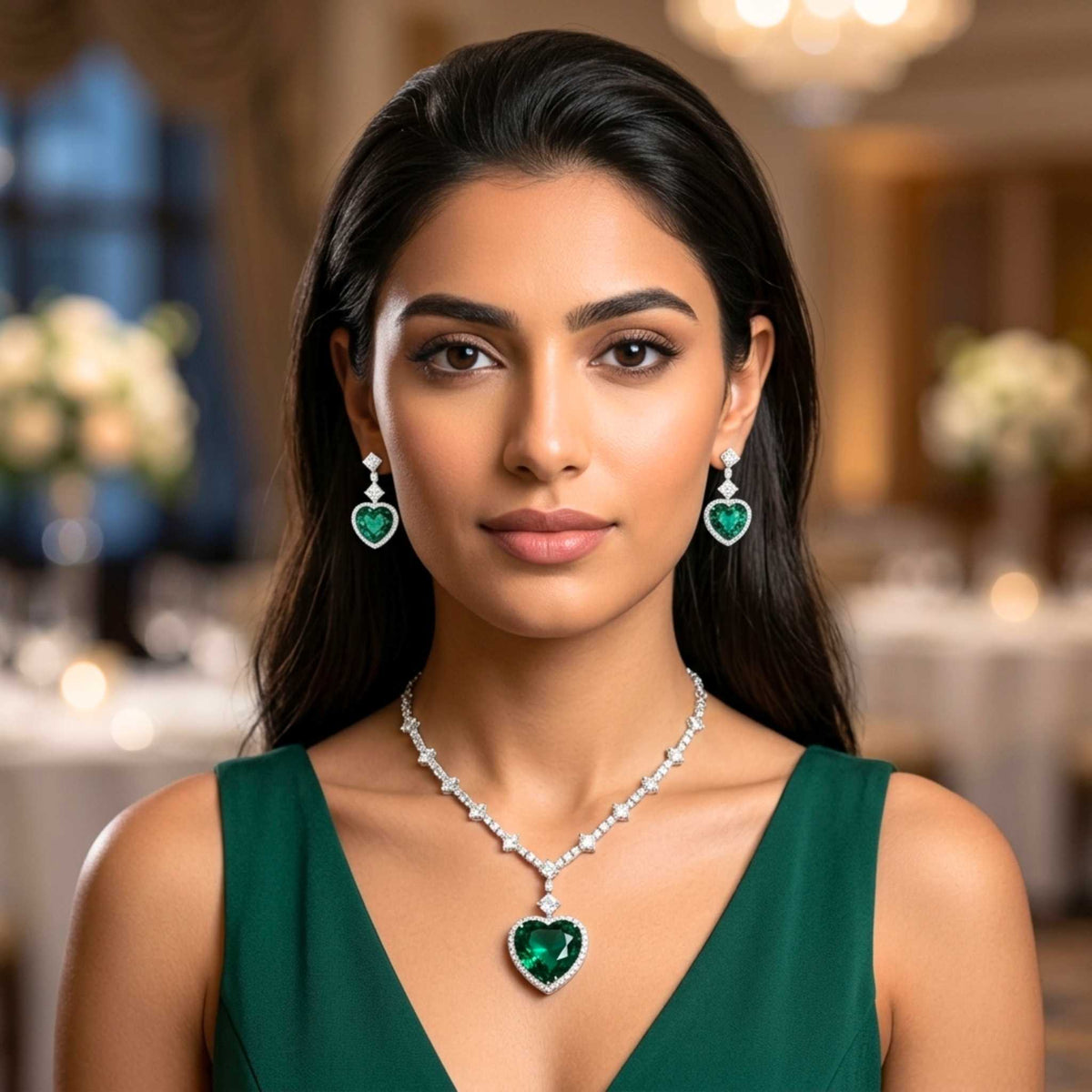 Woman wearing a white gold emerald heart necklace gemstone set together with matching heart earrings from the Jewellery 4 Elegance collection set in a formal setting.  Digitally rendered model for scale
