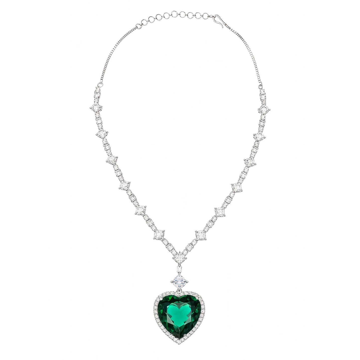 High-quality white gold plated necklace featuring a V-shaped cubic zirconia chain and a large emerald-green heart-shaped pendant surrounded by a halo of clear stones from Jewellery 4 Elegance collection set against a white background.