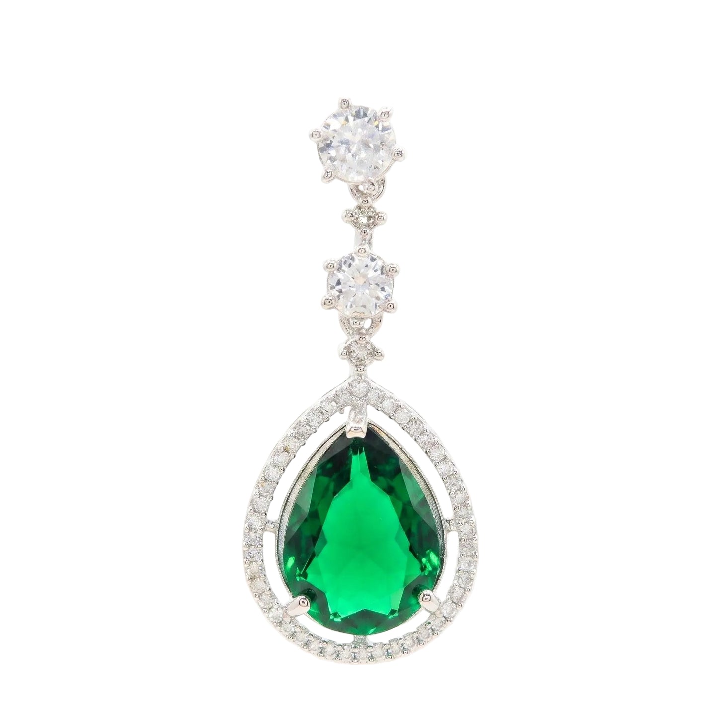 A single drop earring featuring a large teardrop-shaped green emerald-cut centre stone surrounded by a halo of small clear stones, with two smaller clear stones above in a silver-toned setting on a white background.  From Jewellery 4 Elegance collection.