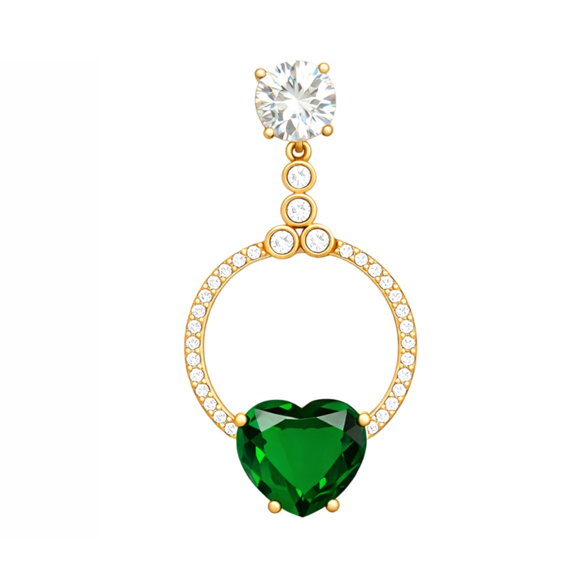Gold earring with green heart-shaped gem and clear top stone on a white background