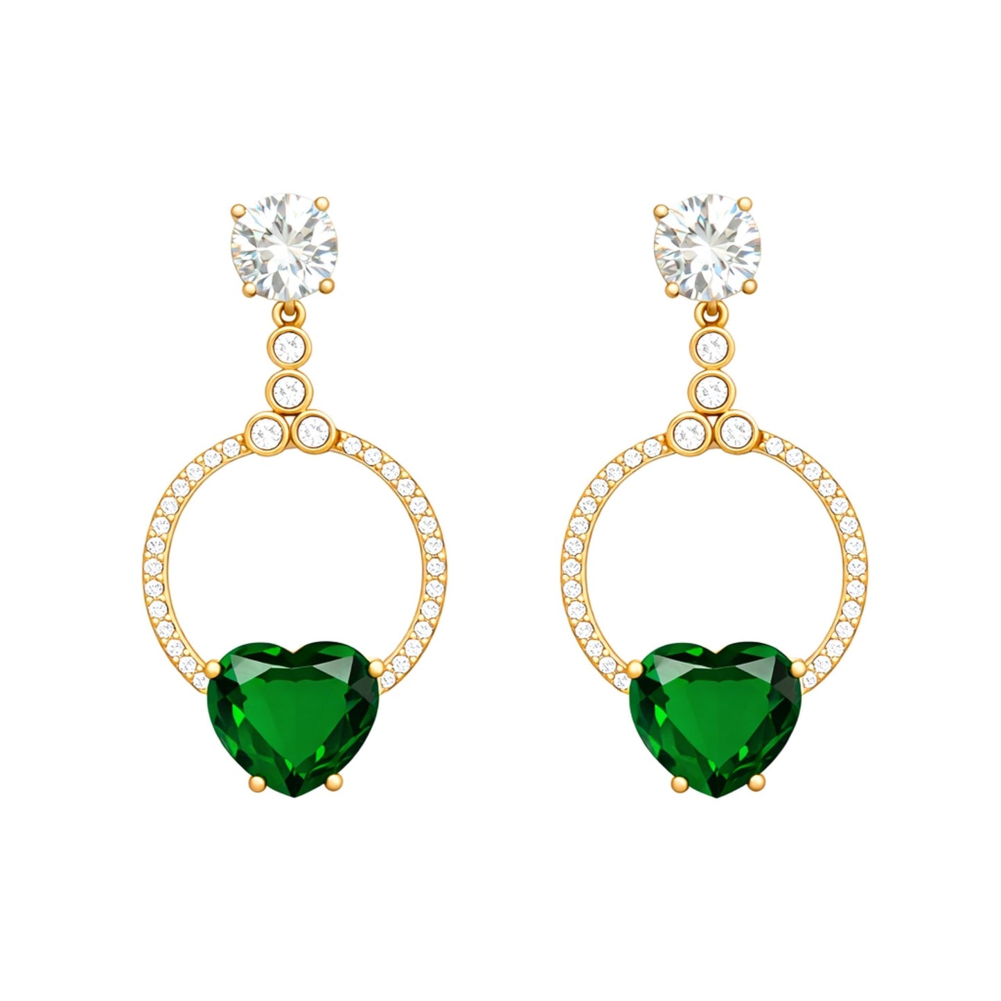 Gold plated drop earrings featuring round cubic zirconia studs, pavé halo circles and emerald green heart-shaped cubic zirconia stones.