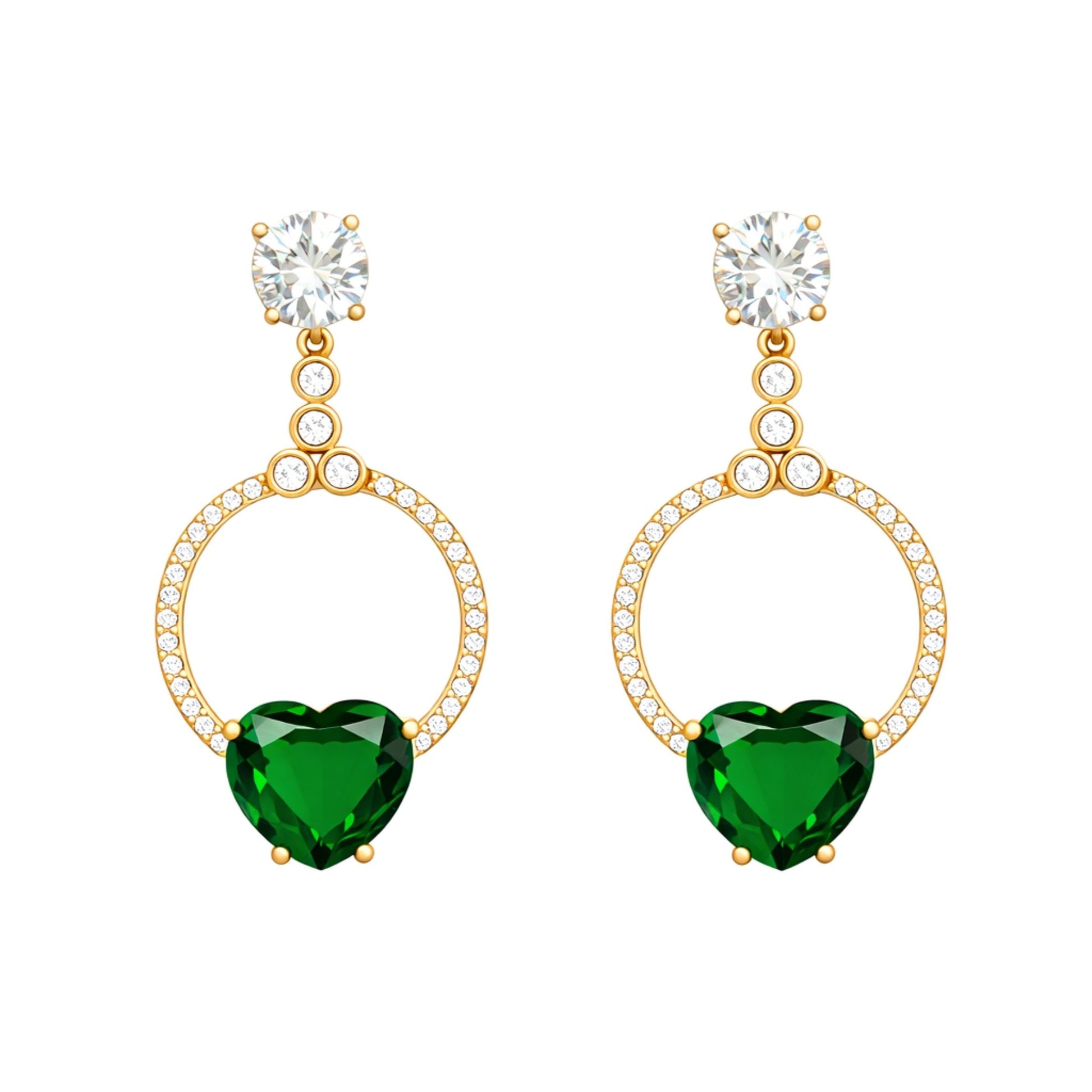 Gold plated drop earrings featuring round cubic zirconia studs, pavé halo circles and emerald green heart-shaped cubic zirconia stones.