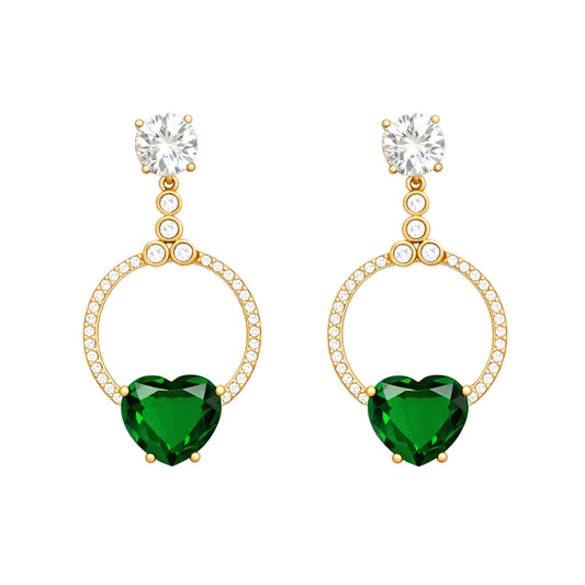 Gold plated drop earrings featuring round cubic zirconia studs, pavé halo circles and emerald green heart-shaped cubic zirconia stones.