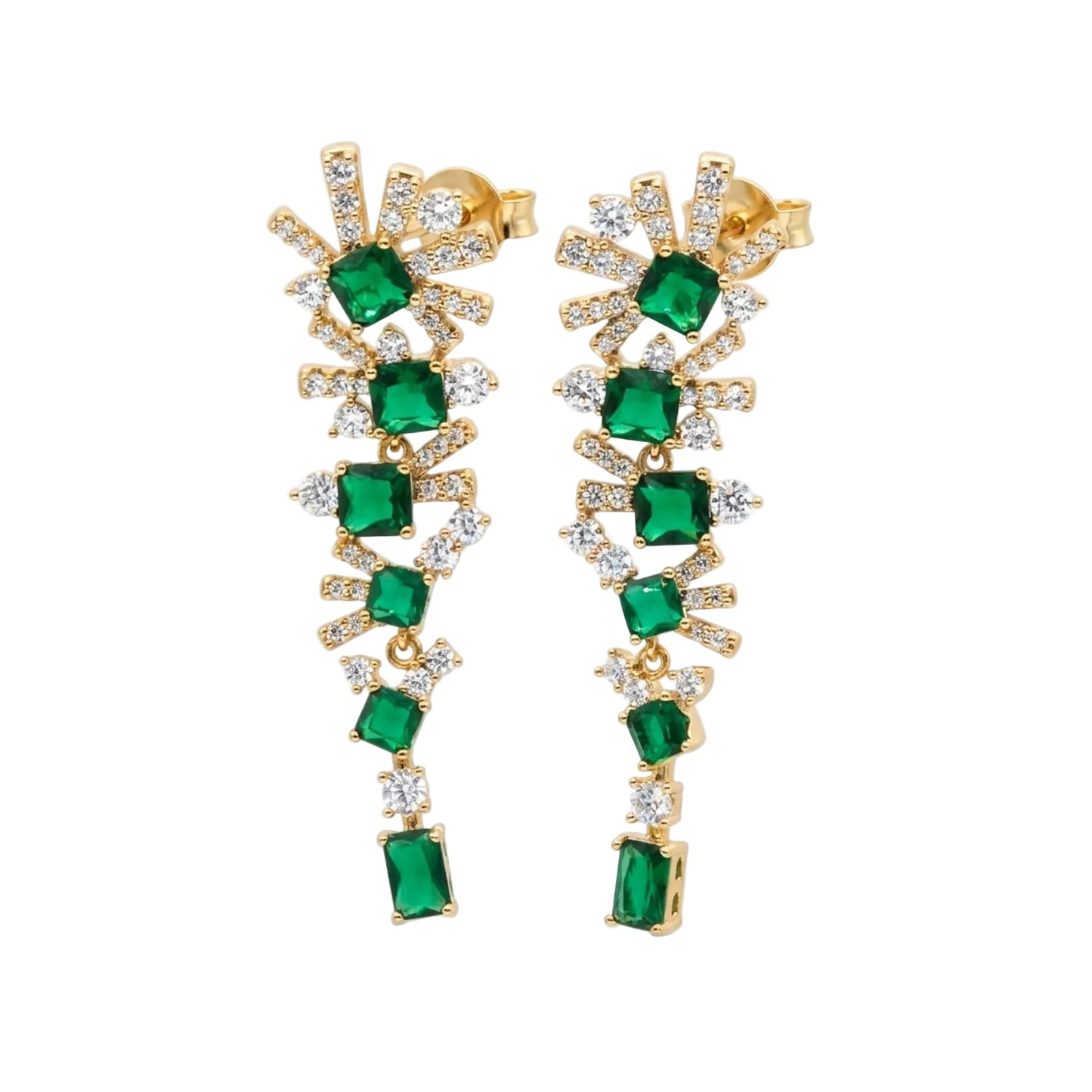 18K gold plated dangler earrings featuring emerald green cubic zirconia stones with sparkling clear cubic zirconia accents in an elegant cascading design.