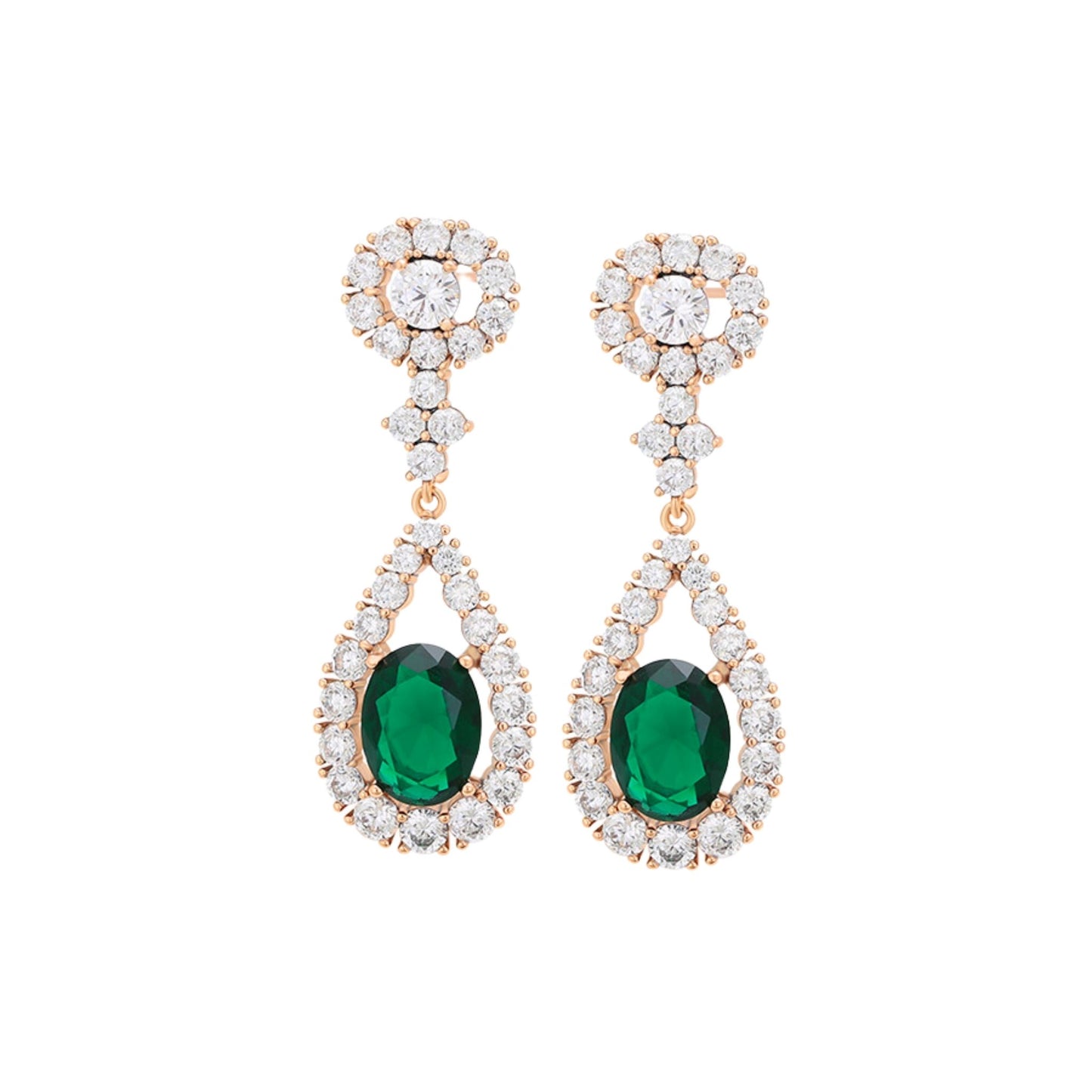 Gold emerald green earrings with green cz gemstones and rose gold accents on a white background