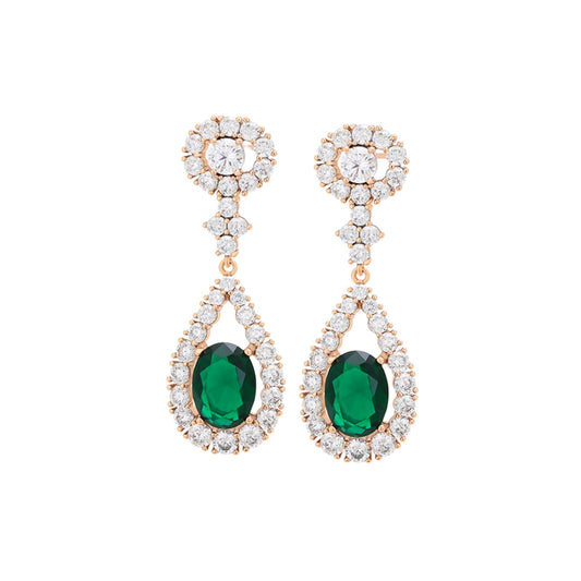 Gold emerald green earrings with green cz gemstones and rose gold accents on a white background