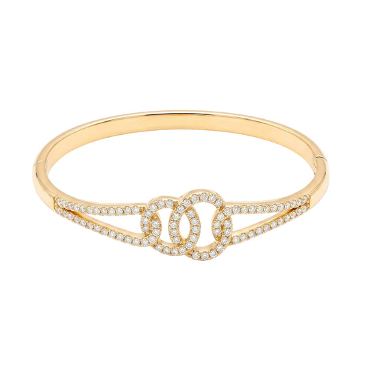 Gold plated bangle bracelet with interlocking circles, clear cubic zirconia and a concealed box clasp from the Jewellery 4 Elegance collection.