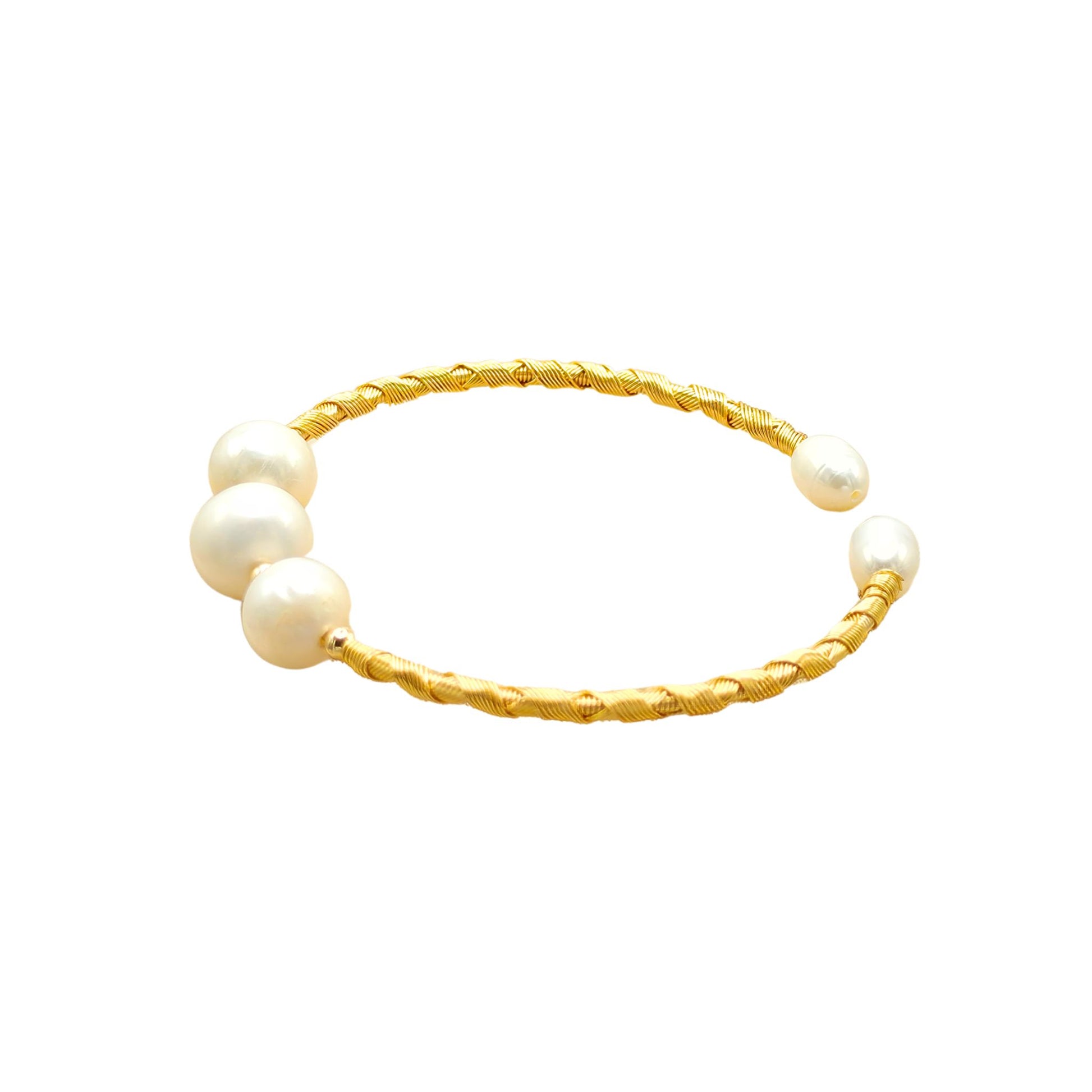 A gold twisted wire bracelet featuring three white freshwater pearls on one side and a single pearl at the open end, shown on a plain white background from the Jewellery 4 Elegance collection.