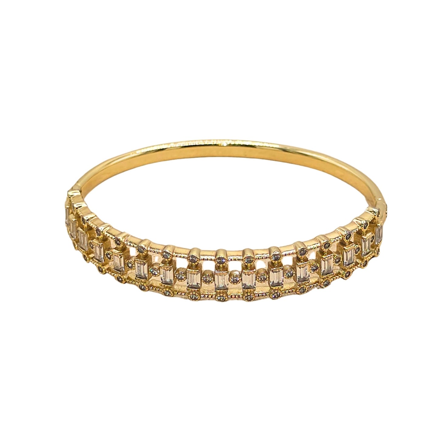 Gold-toned hinged bangle bracelet featuring an intricate front band set with vertical baguette-cut and round brilliant-cut cubic zirconia gemstones, isolated on a white background.