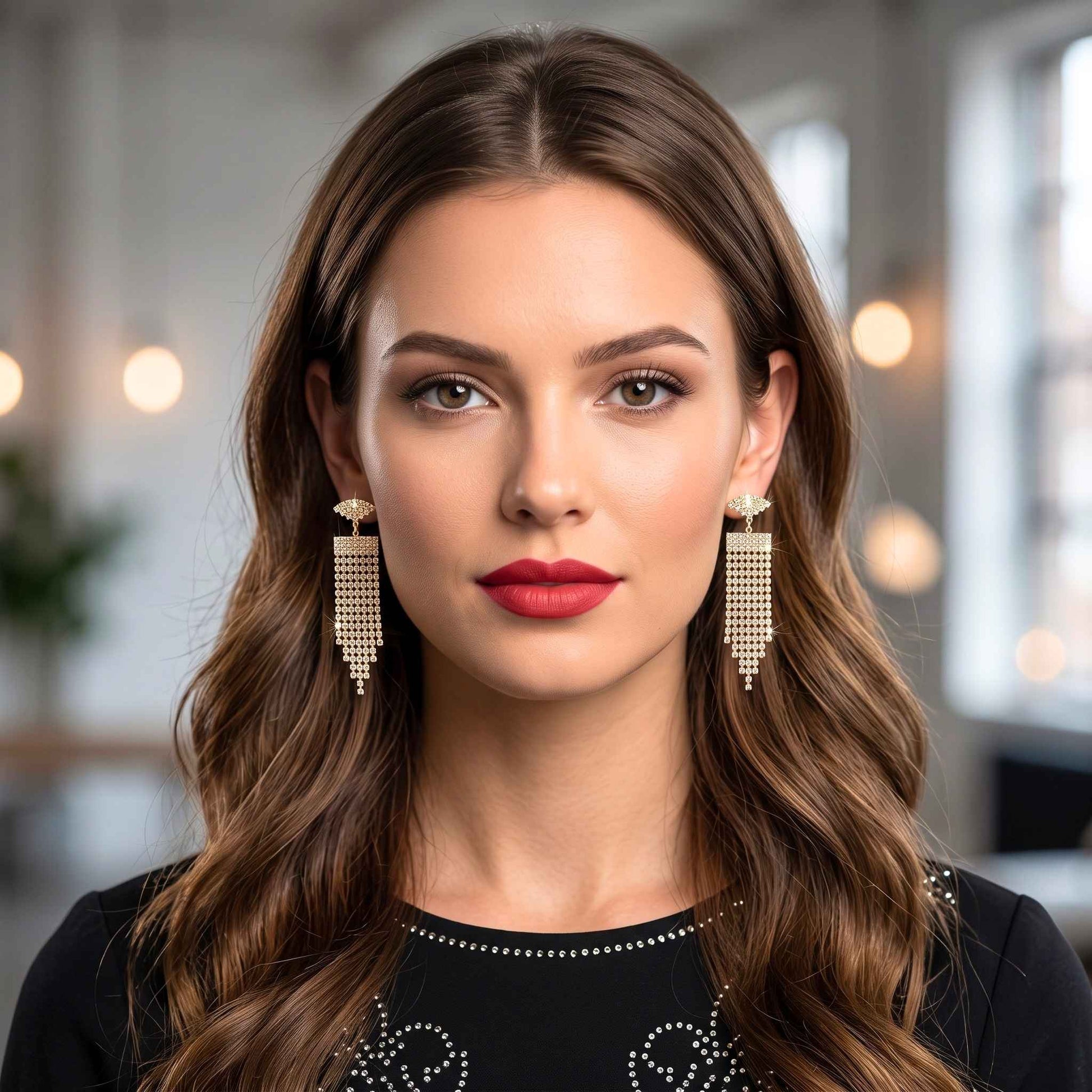 An elegant woman with long wavy brown hair wearing pair of elegant gold plated dangle earrings featuring shimmering cubic zirconia gemstones in a multi-strand chandelier design from the jewellery 4 Elegance collection set against blurred indoor setting.  Digitally rendered model for scale.