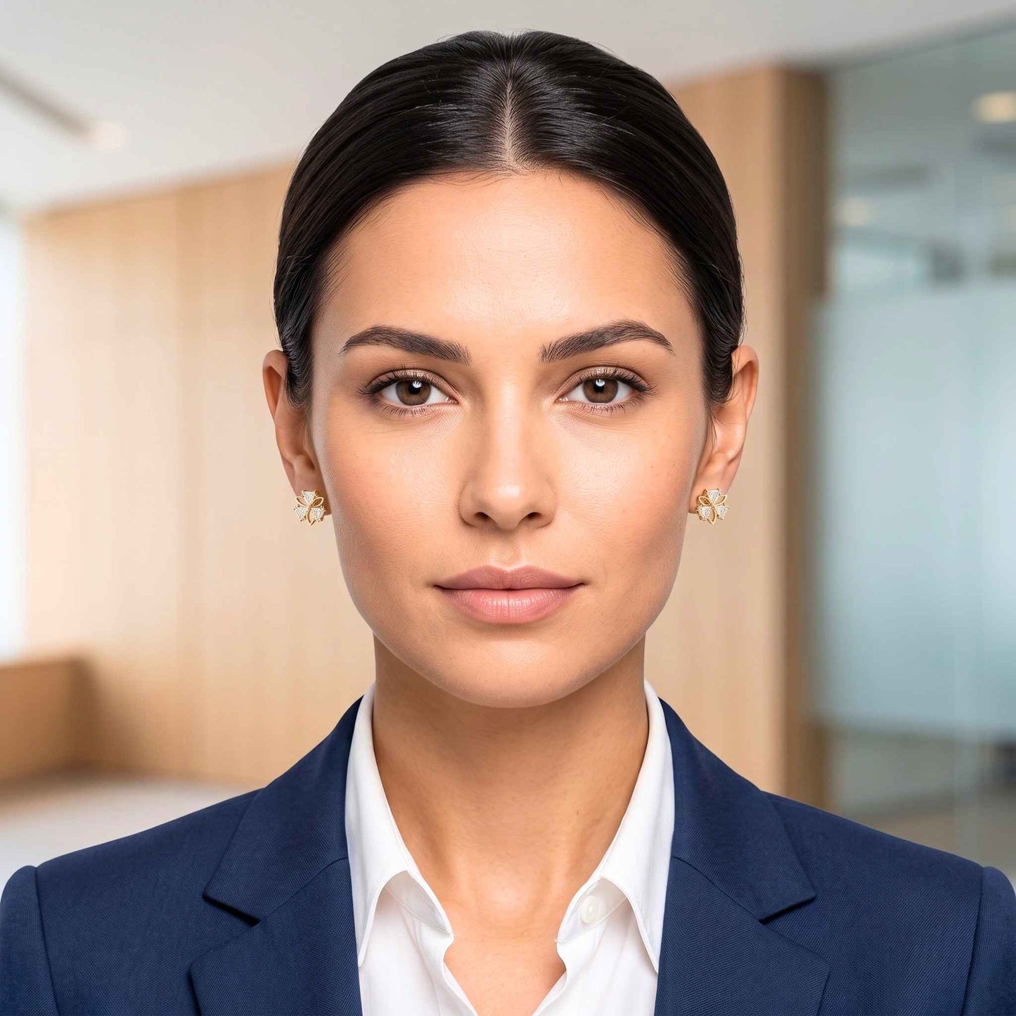 A professional portrait of a woman with dark hair wearing a navy blue blazer modelling a pair of gold plated stud earrings in a sweet clover design featuring cubic zirconia from the Jewellery 4 Elegance set against a softly blurred office background.  Digitally rendered model for scale