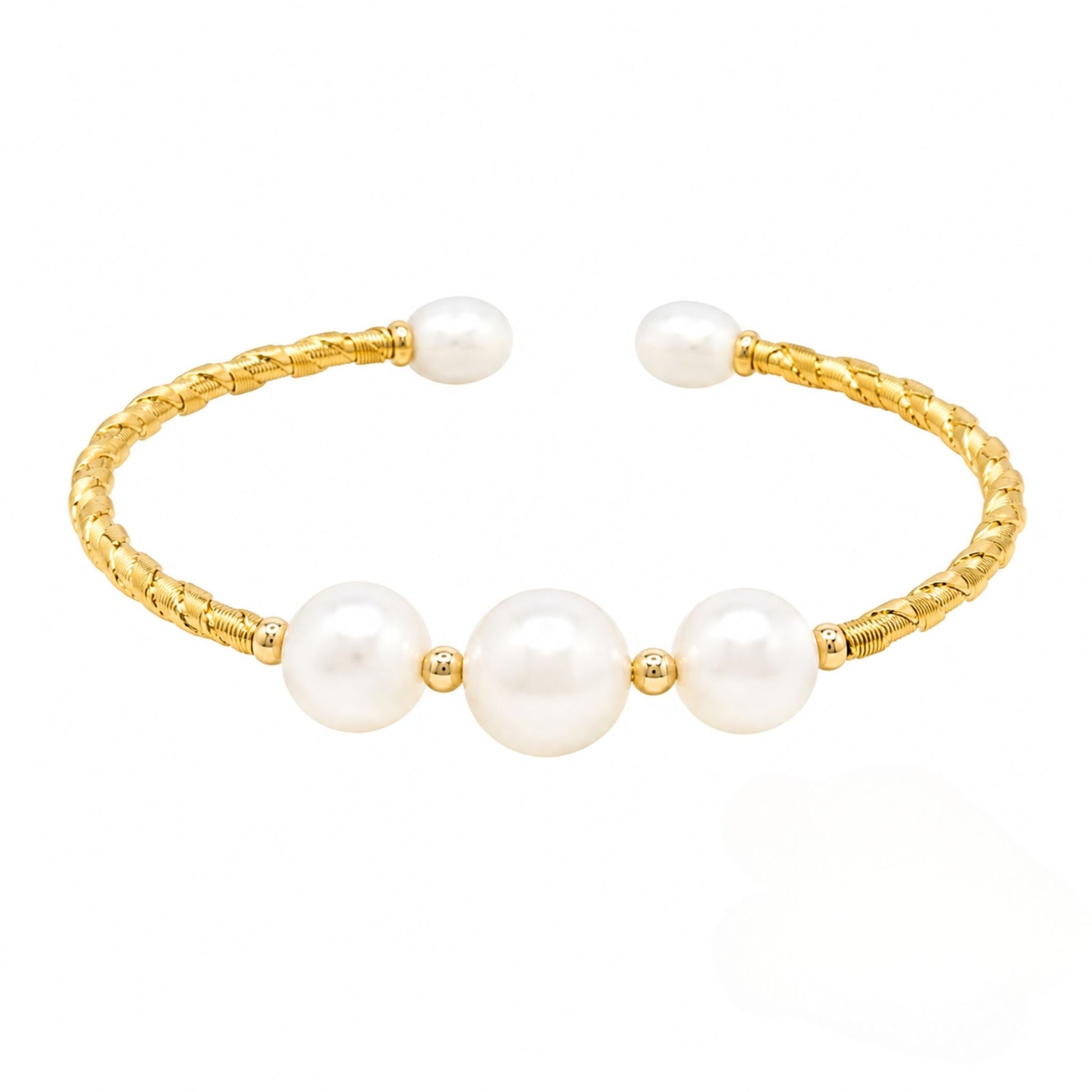 Gold open cuff bangle bracelet with a textured band and five pearl accents in a graduated design from the Jewellery 4 Elegance collection.