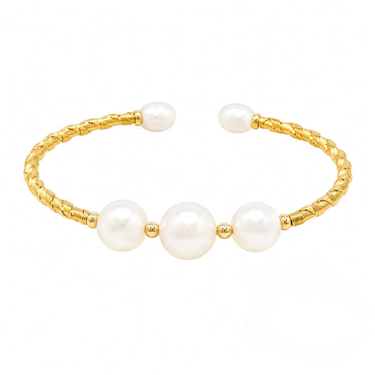 Gold open cuff bangle bracelet with a textured band and five pearl accents in a graduated design from the Jewellery 4 Elegance collection.