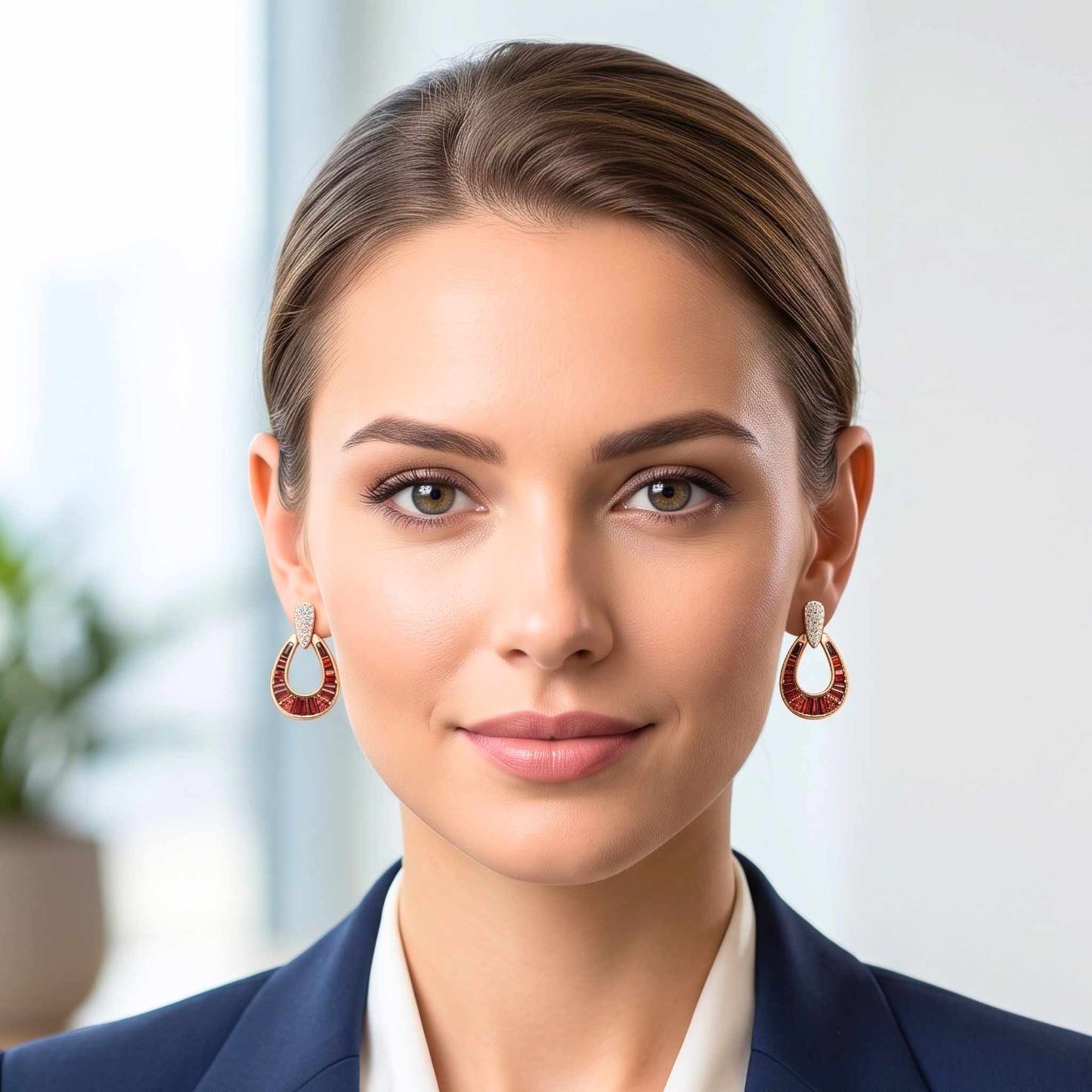 A woman with neatly styled brown hair wearing a navy blazer and white collared shirt, showcasing a pair of red and gold horseshoe drop earring featuring garnet red baguette-cut stones with pavé cubic zirconia for an elegant contemporary look from the jewellery 4 elegance collection. Digitally rendered model for scale.