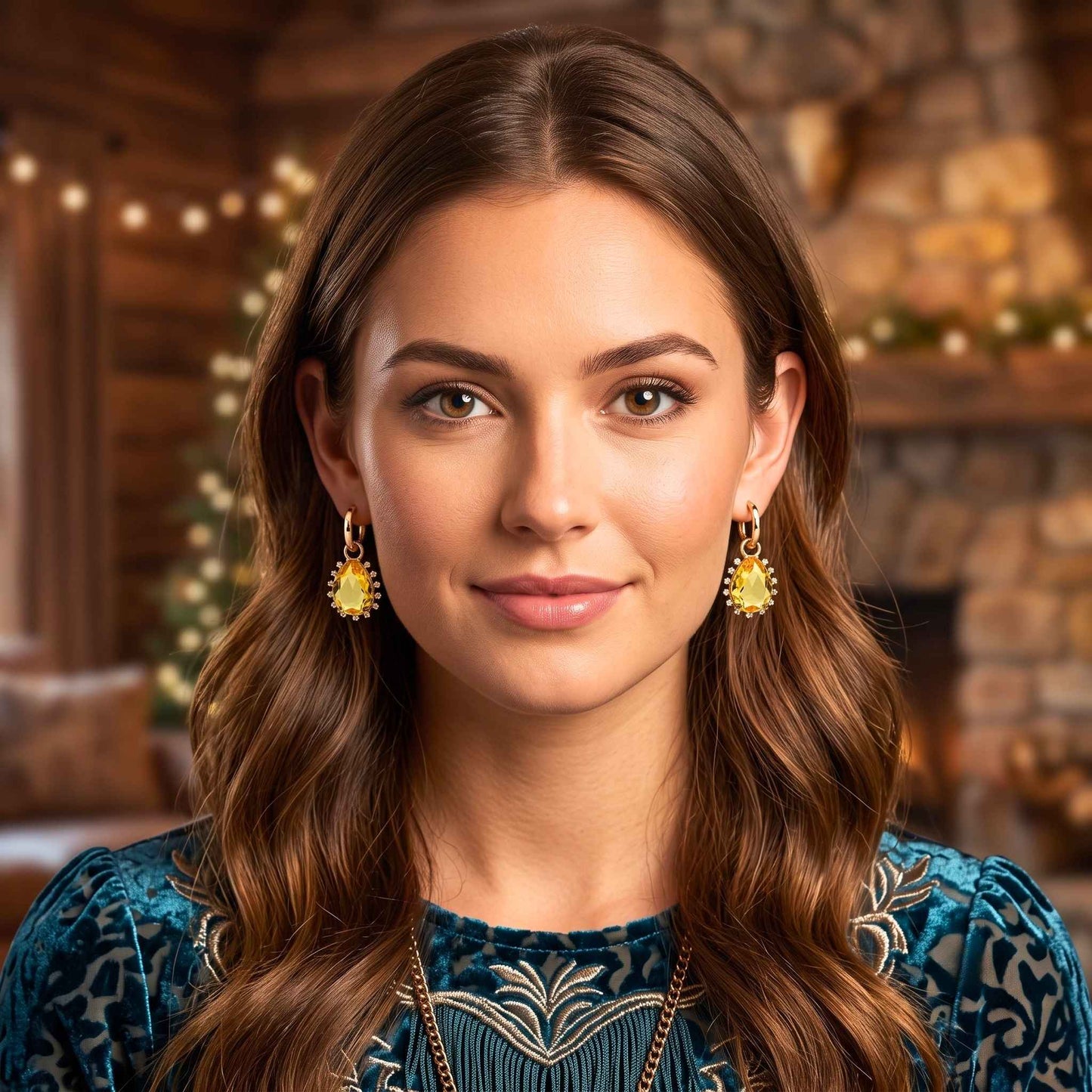 A woman with long brown hair wearing Gold plated hinged hoop drop earrings featuring pear-cut yellow stones surrounded by a delicate cubic zirconia halo on a polished gold finish from the Jewellery 4 Elegance collection.  Digitally rendered model for scale