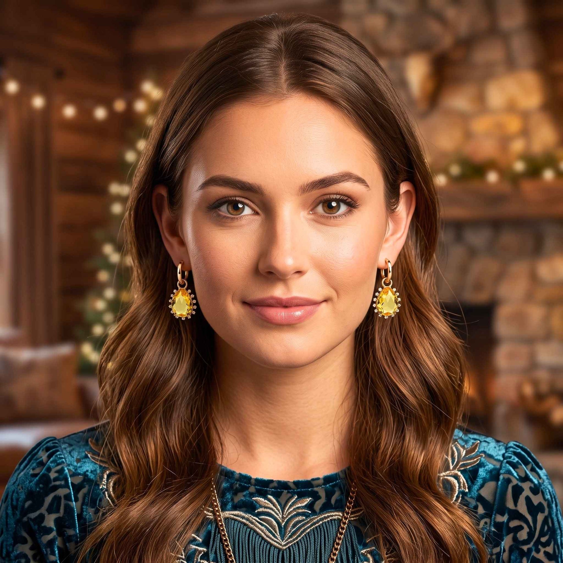 A woman with long brown hair wearing Gold plated hinged hoop drop earrings featuring pear-cut yellow stones surrounded by a delicate cubic zirconia halo on a polished gold finish from the Jewellery 4 Elegance collection.  Digitally rendered model for scale