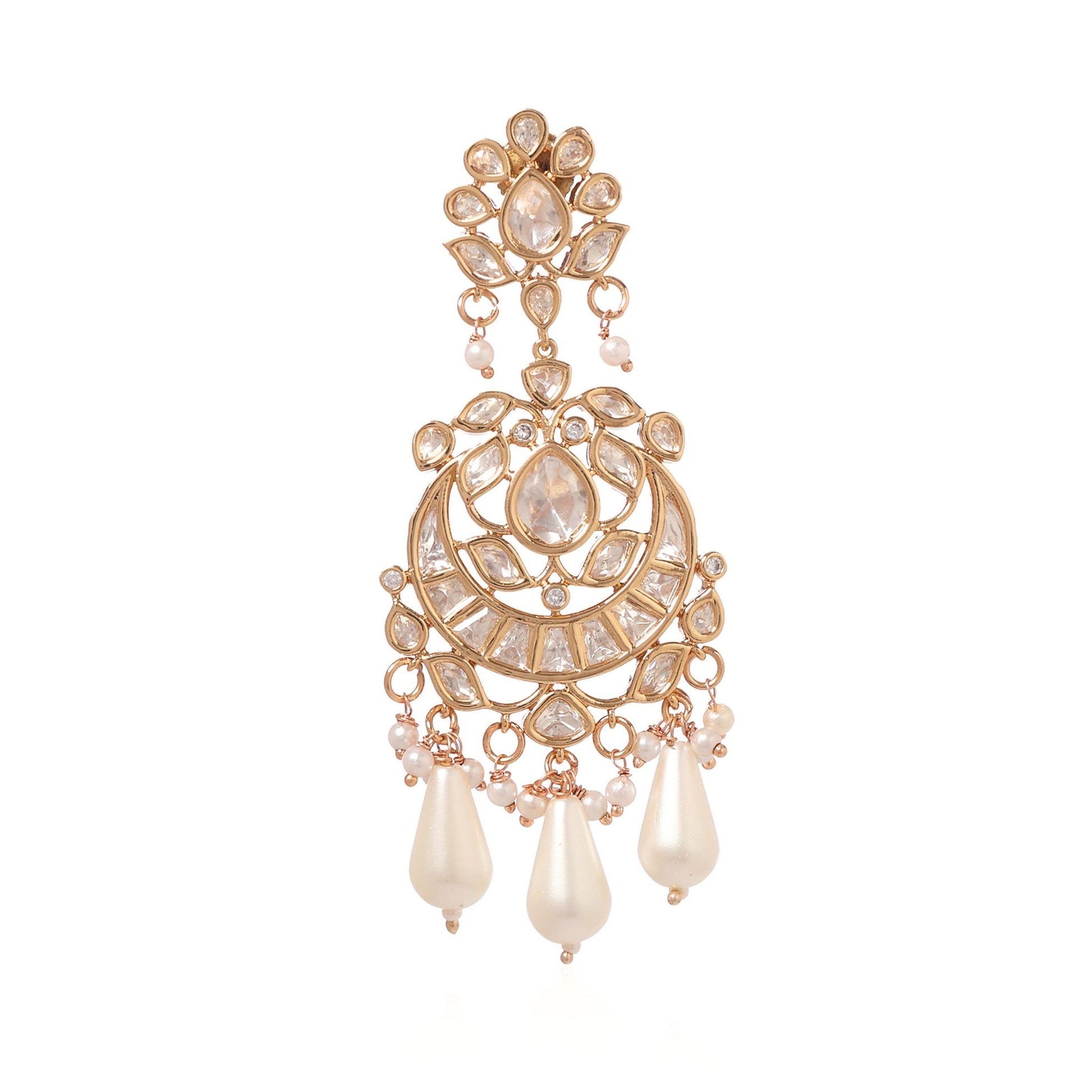 Close up of a gold plated Indian style Chandbali chandelier drop earring featuring intricate cubic zirconia encrusting and dangling teardrop pearl beads from Jewellery 4 Elegance set against a white background.