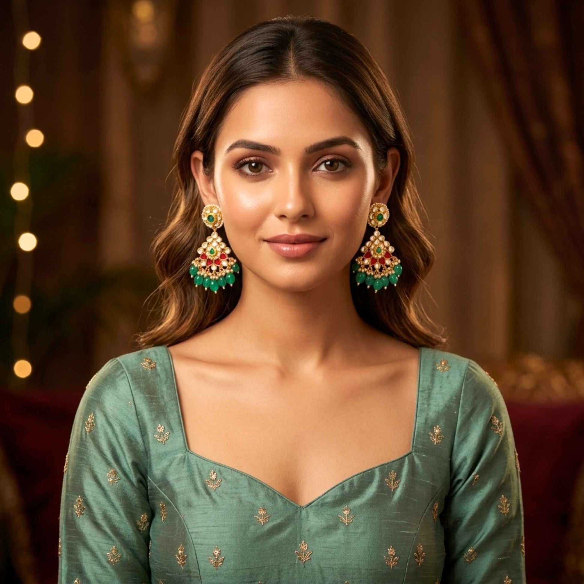 Woman wearing a green traditional outfit and a pair of ornate gold Indian style chandelier drop earrings from the Jewellery 4 Elegance featuring a detailed fan design with clear cubic zirconia, red and green accents, and dangling emerald-green beads set against a blurred background.  Digitally rendered model for scale