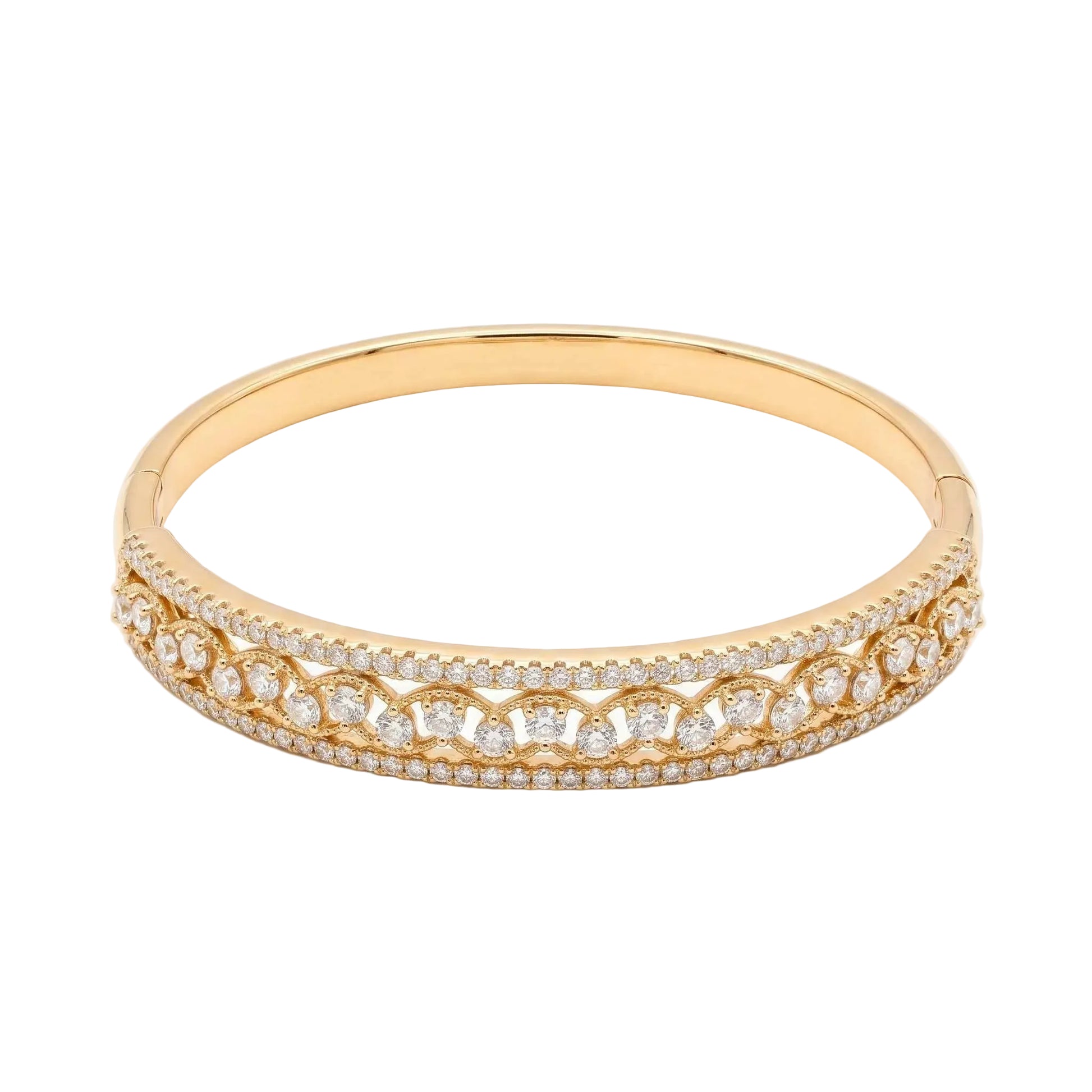 Gold lattice bangle bracelet with marquise and round cubic zirconia, openwork detailing and a discreet concealed box clasp from the Jewellery 4 Elegance collection.