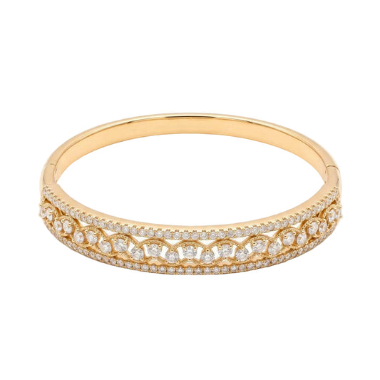 Gold lattice bangle bracelet with marquise and round cubic zirconia, openwork detailing and a discreet concealed box clasp from the Jewellery 4 Elegance collection.