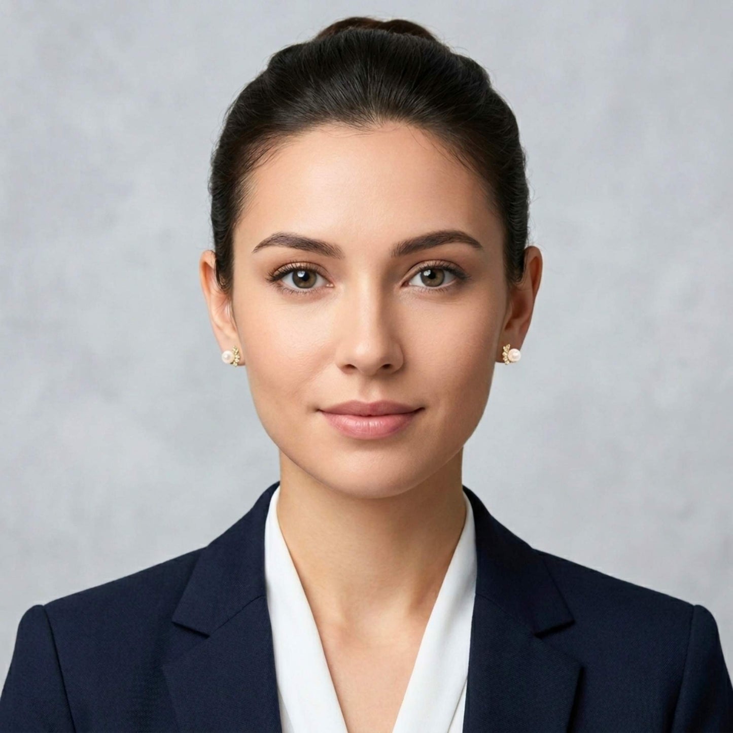 Woman wearing a dark blazer over a white shirt and pair of elegant gold-plated stud earrings from Jewellery 4 Elegance featuring a lustrous central pearl accented by a sparkling curved cluster of round and marquise-cut cubic zirconia gemstones, set against a grey background.  Digitally rendered model for scale