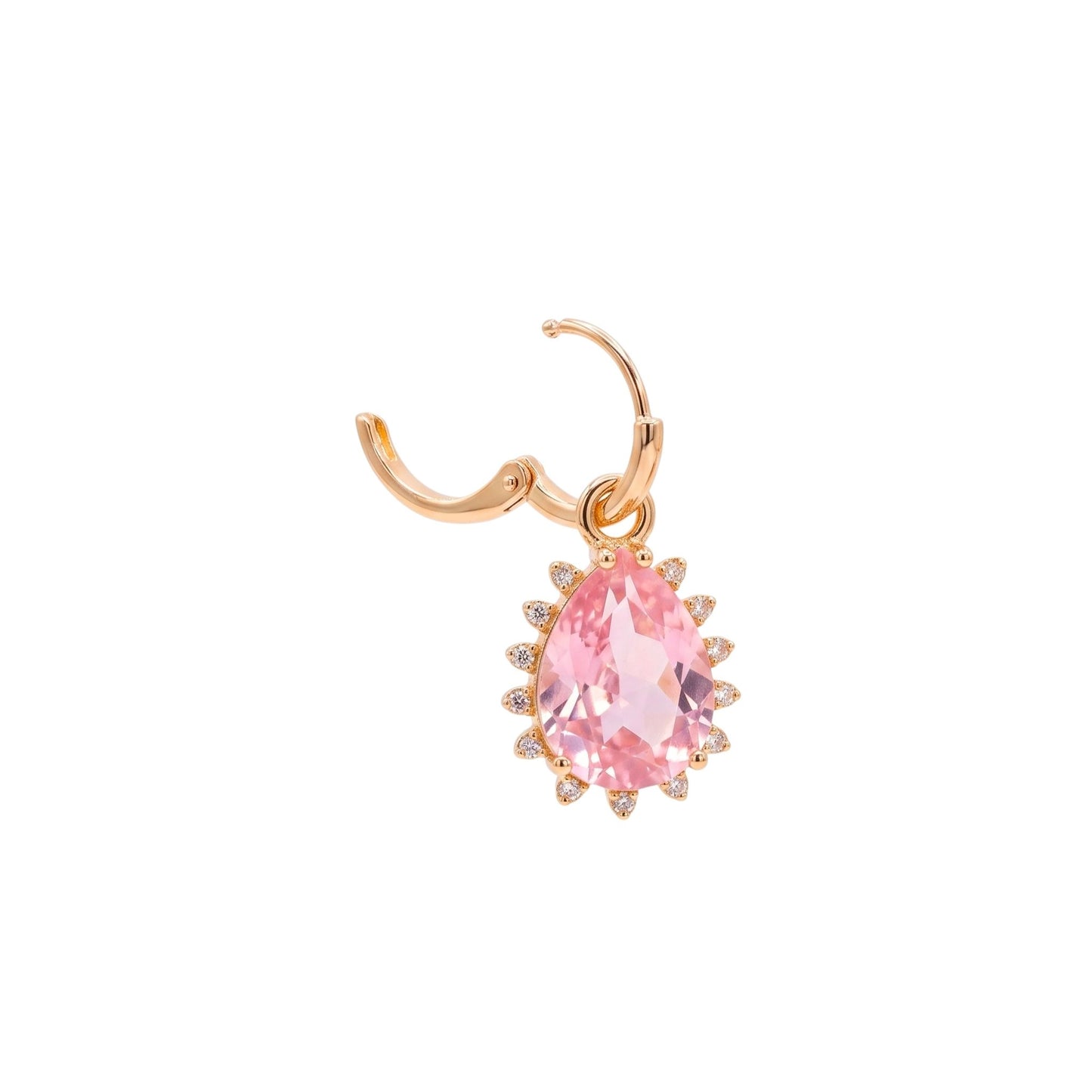 Close up of a gold plated hinged hoop drop earrings featuring faceted pink pear-cut stones surrounded by a delicate cubic zirconia halo with a polished gold finish from the Jewellery 4 Elegance collection