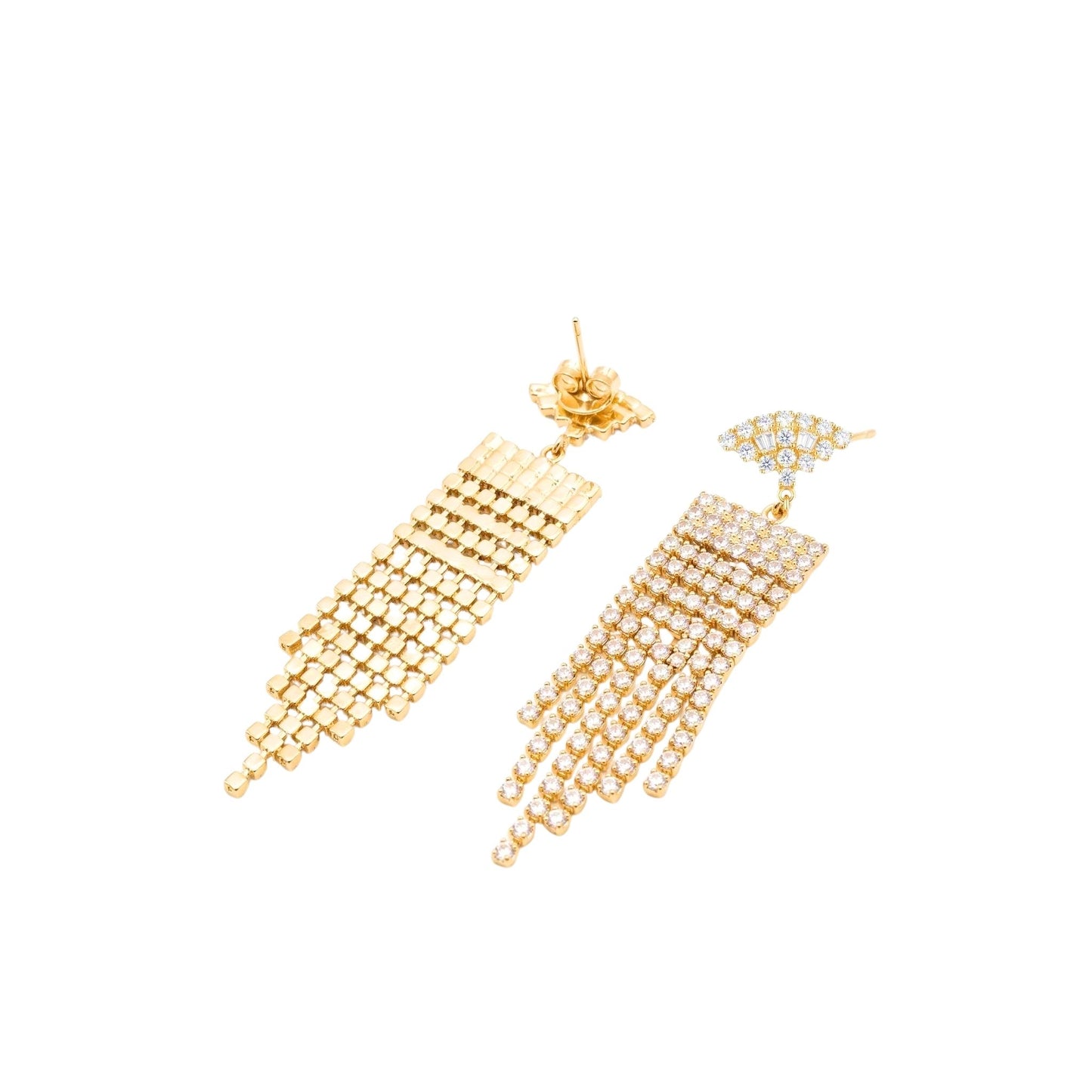Pair of elegant gold plated dangle earrings featuring shimmering cubic zirconia gemstones in a multi-strand chandelier design from the jewellery 4 Elegance collection, set against a plain background.