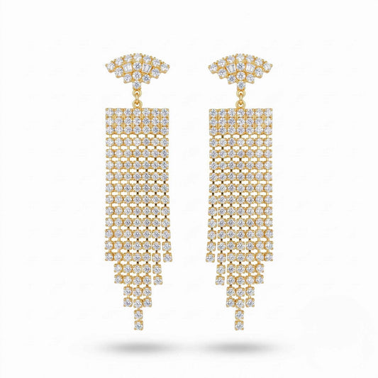 Pair of elegant gold plated dangle earrings featuring shimmering cubic zirconia gemstones in a multi-strand chandelier design set against a plain background.