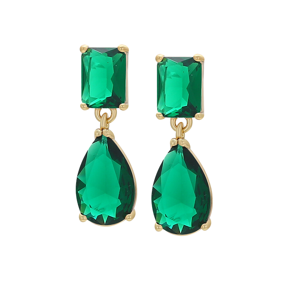 Gold plated drop earrings with rectangular emerald-green studs and pear-shaped green stone pendants from the Jewellery 4 Elegance collection set against a white background.