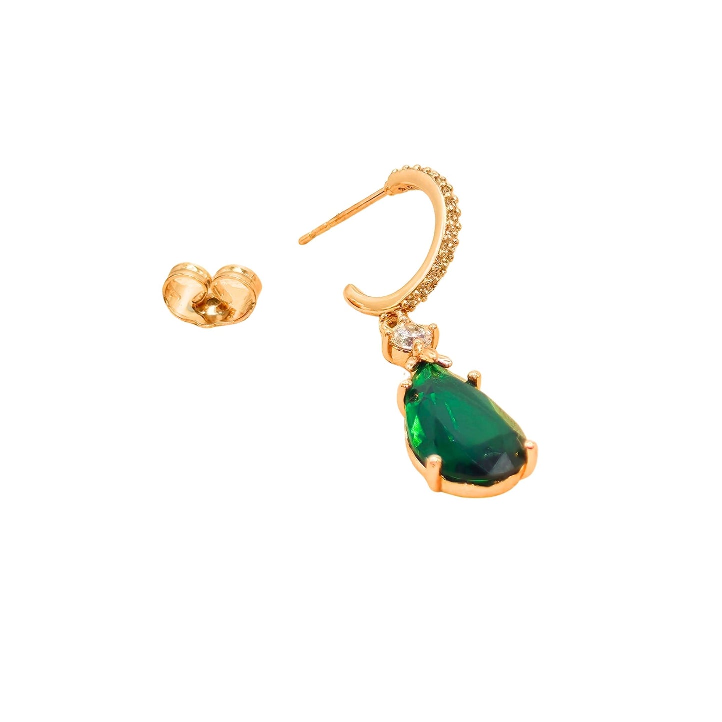 A gold-tone drop earring featuring a teardrop-shaped green gemstone and a small clear accent stone, shown next to its matching gold butterfly back clip on a plain white background.  From Jewellery 4 Elegance collection.
