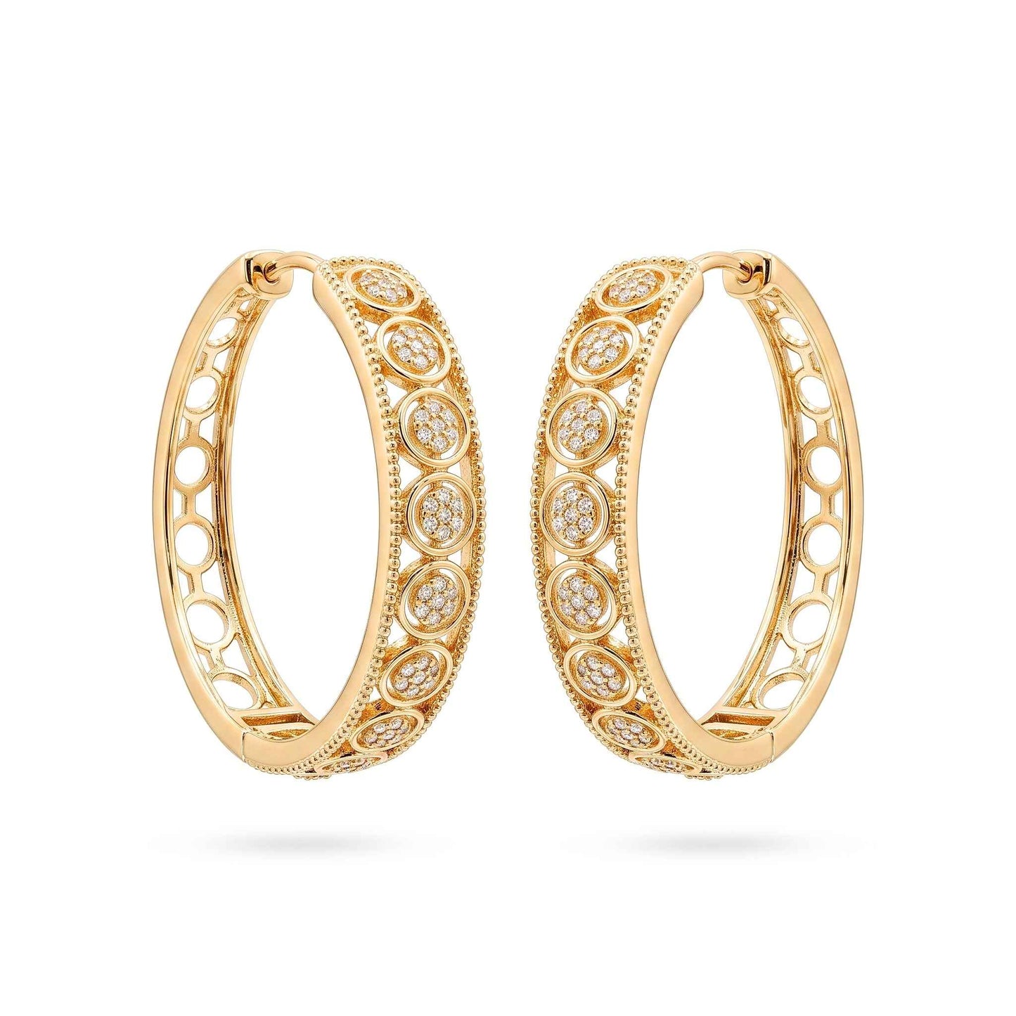 A pair of quality gold plated hoop earrings featuring intricate openwork filigree and circular pave cubic zirconia patterns from the Jewellery 4 Elegance collection against a white background.