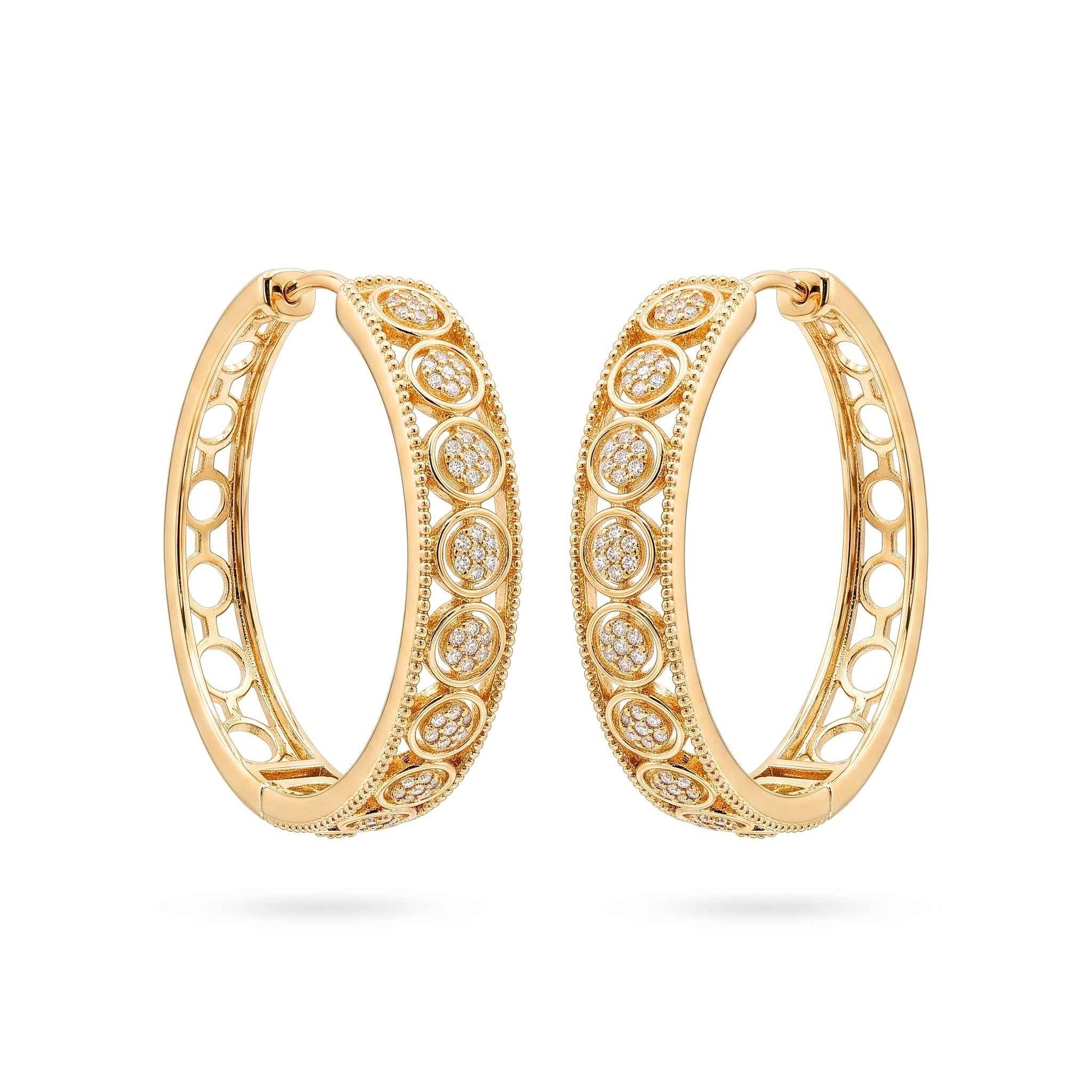 A pair of quality gold plated hoop earrings featuring intricate openwork filigree and circular pave cubic zirconia patterns from the Jewellery 4 Elegance collection against a white background.