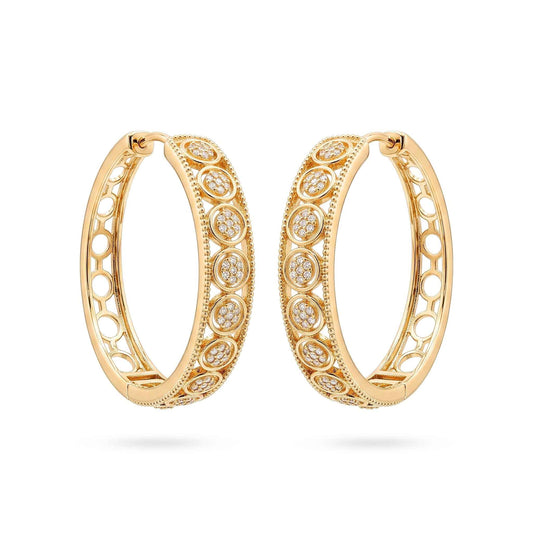A pair of quality gold plated hoop earrings featuring intricate openwork filigree and circular pave cubic zirconia patterns from the Jewellery 4 Elegance collection against a white background.