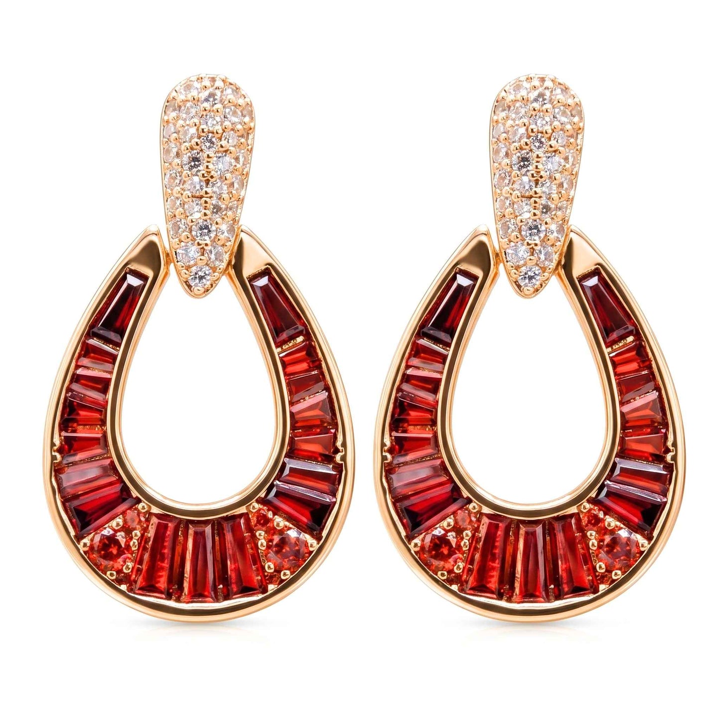 Gold plated horseshoe drop earring featuring garnet red baguette-cut stones with pavé cubic zirconia for an elegant contemporary look.