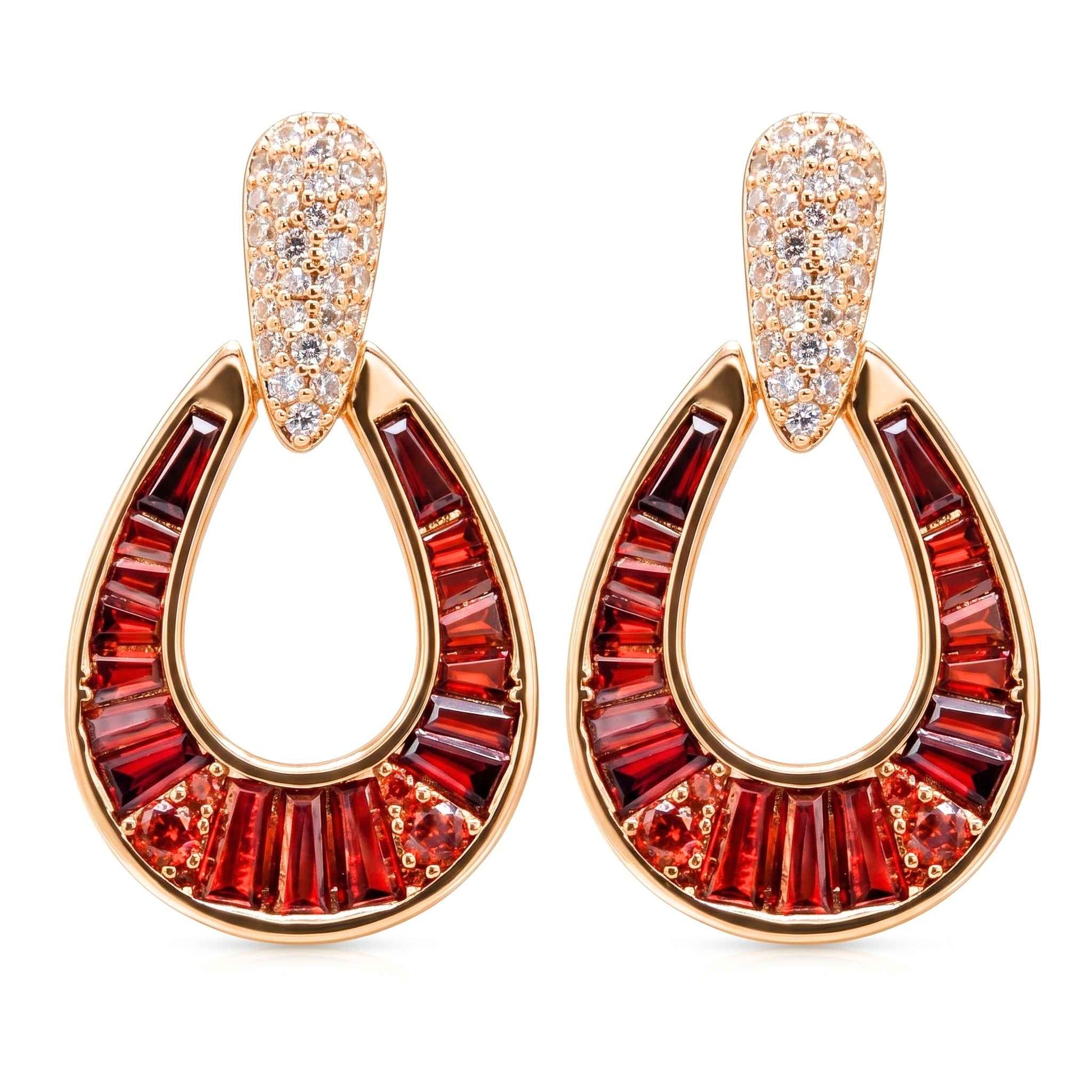 Gold plated horseshoe drop earring featuring garnet red baguette-cut stones with pavé cubic zirconia for an elegant contemporary look.