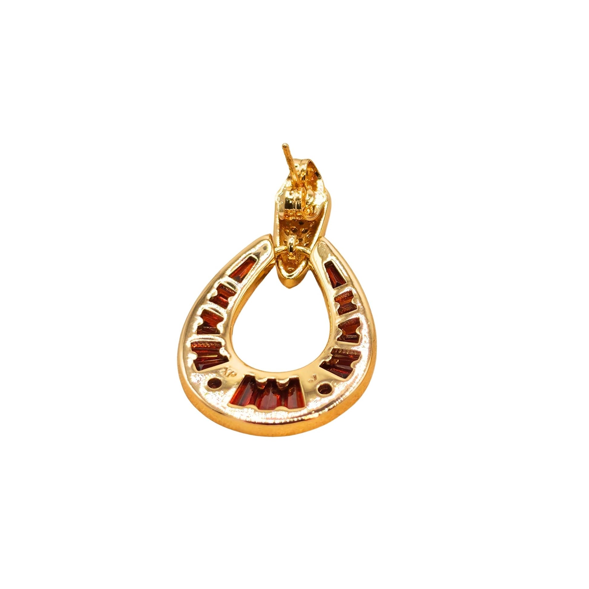 The back of a Gold plated horseshoe drop earring featuring garnet red baguette-cut stones with pavé cubic zirconia for an elegant contemporary look from the jewellery 4 Elegance collection.