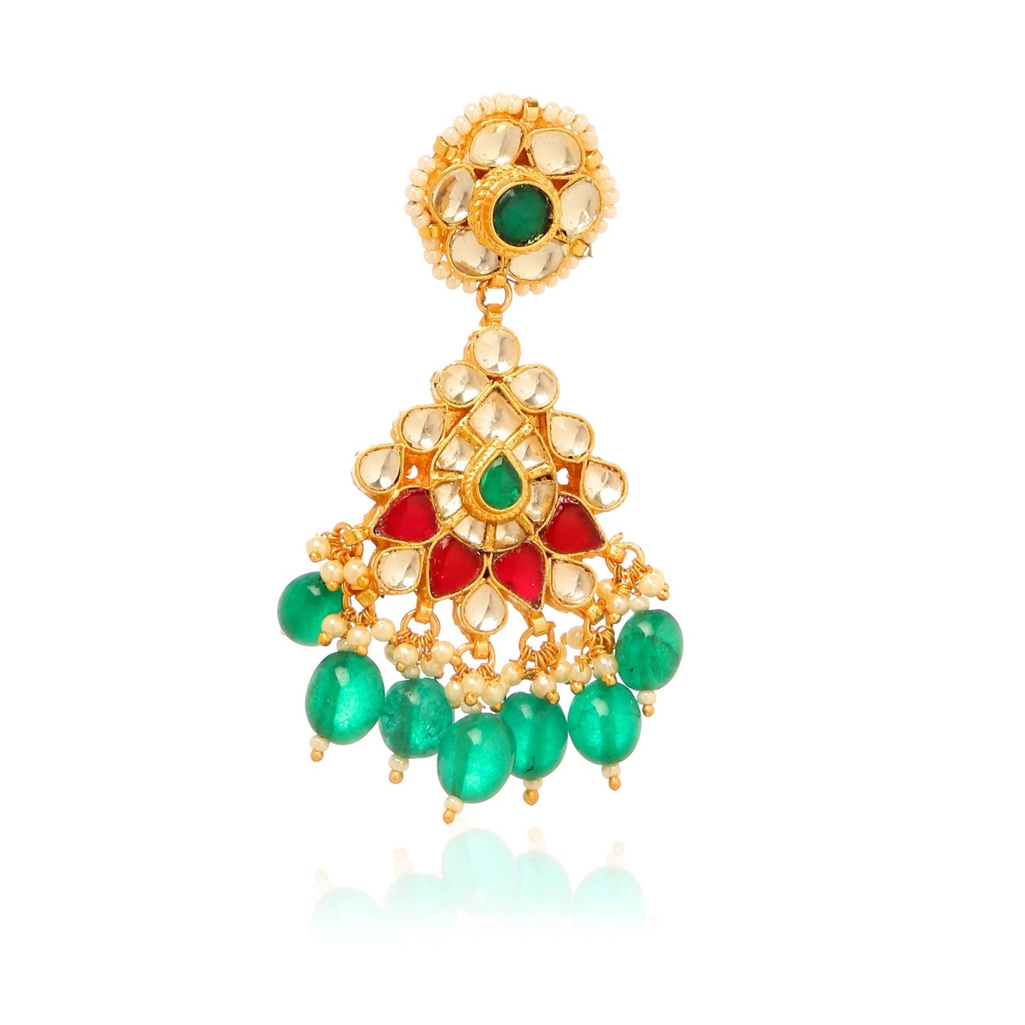 Close up of a gold-plated Indian style chandelier drop earring featuring a detailed fan design with clear cubic zirconia, red and green accents, and dangling emerald-green beads from Jewellery 4 Elegance collection set on a white background.