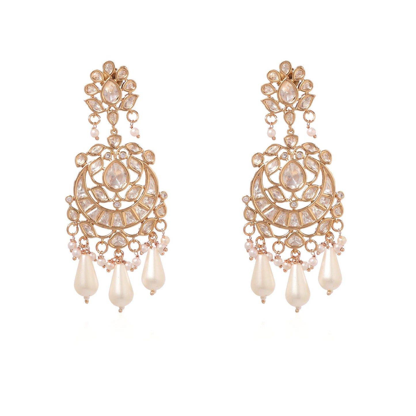 Pair of ornate gold plated Indian style Chandbali chandelier drop earrings featuring intricate cubic zirconia encrusting and dangling teardrop pearl beads from Jewellery 4 Elegance set against a white background.