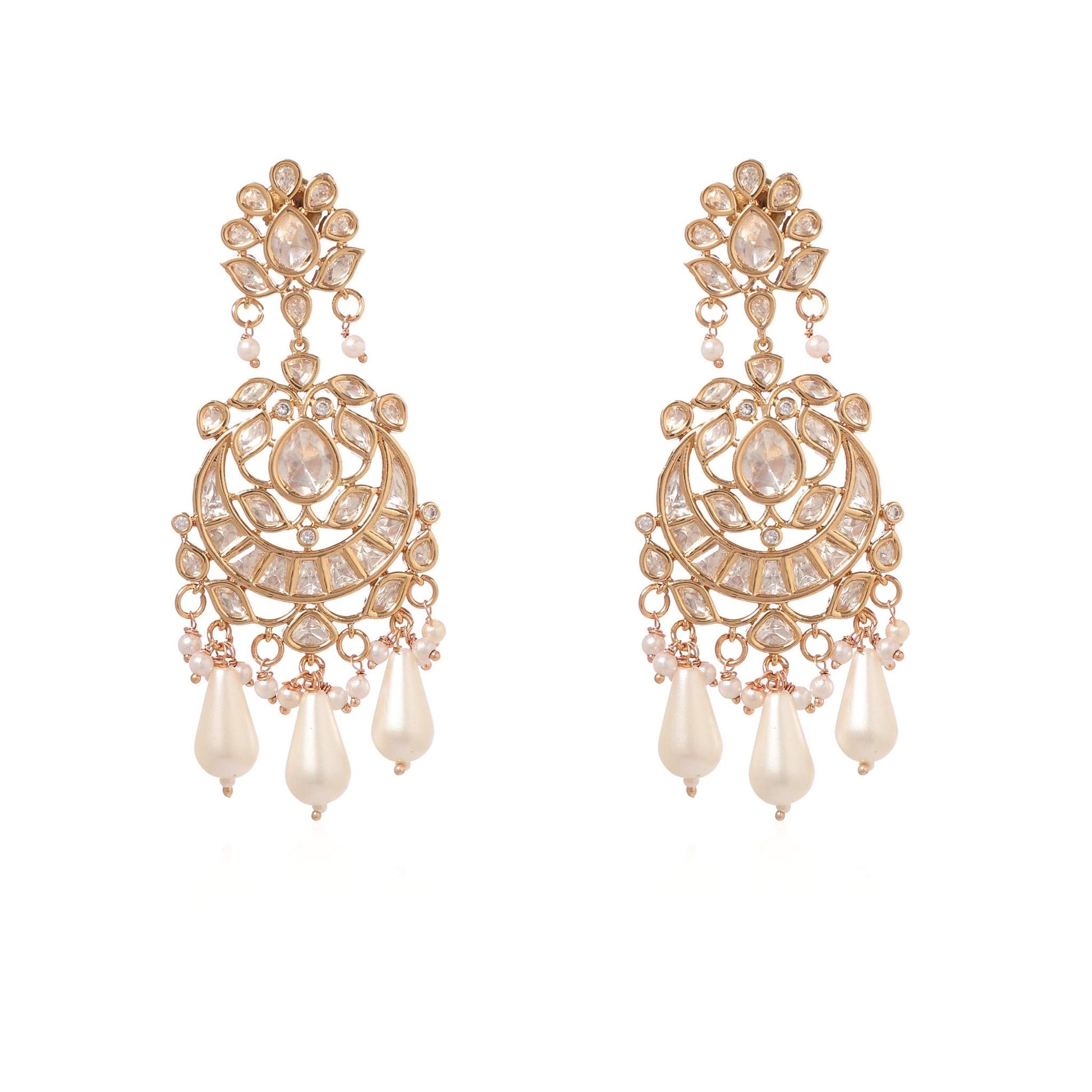 Pair of ornate gold plated Indian style Chandbali chandelier drop earrings featuring intricate cubic zirconia encrusting and dangling teardrop pearl beads from Jewellery 4 Elegance set against a white background.