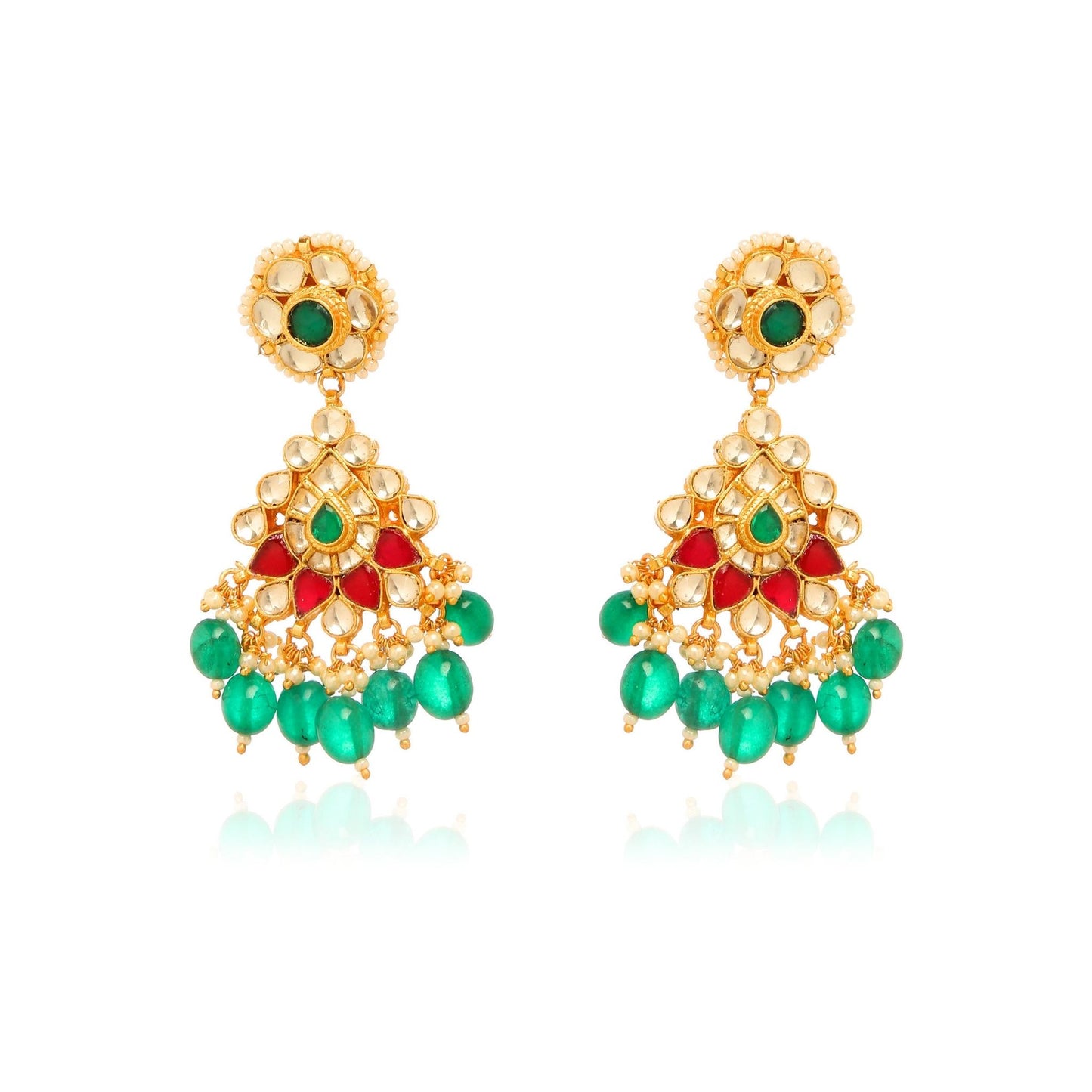 Pair of ornate gold-plated Indian style chandelier drop earrings featuring a detailed fan design with clear cubic zirconia, red and green accents, and dangling emerald-green beads from Jewellery 4 Elegance collection set on a white background.