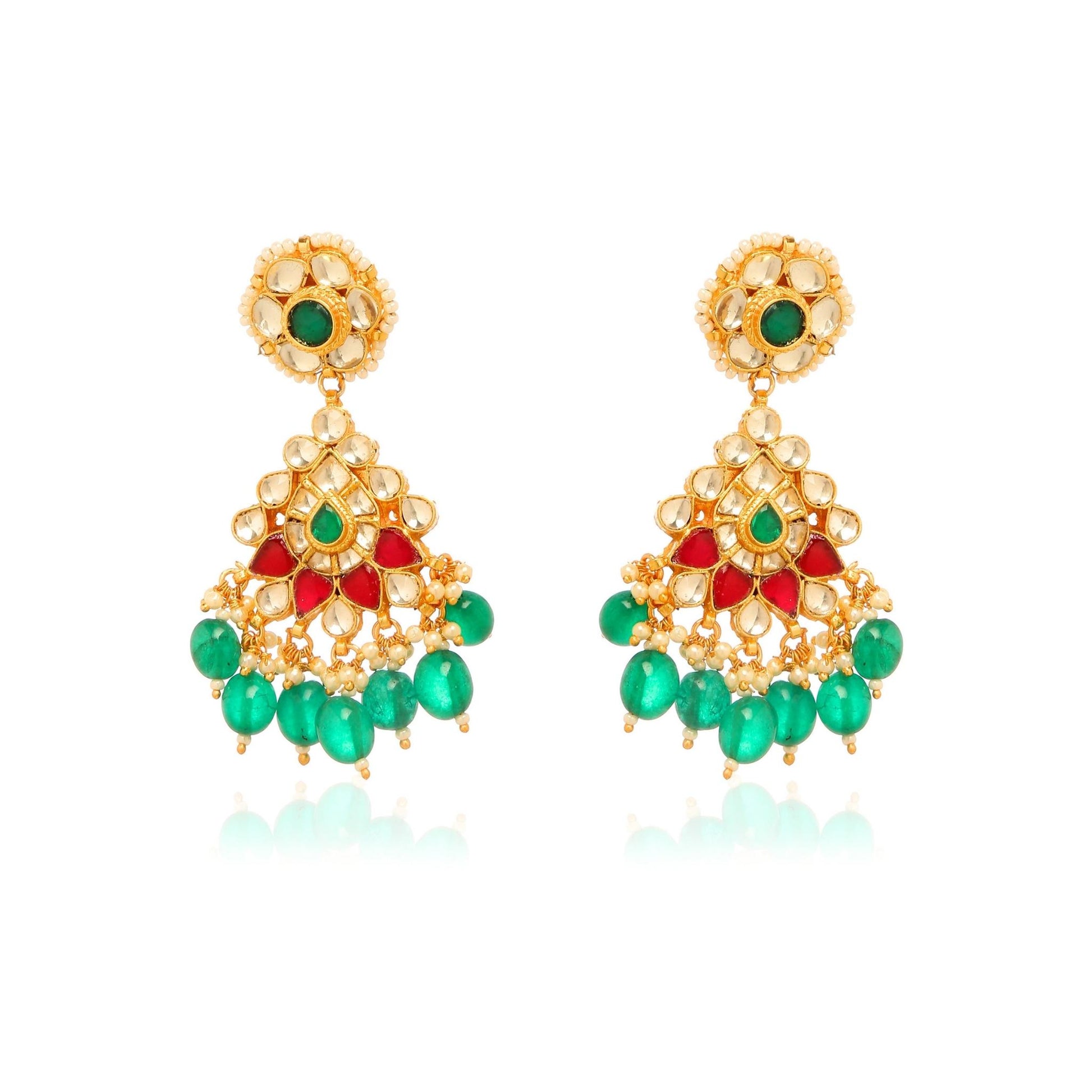 Pair of ornate gold-plated Indian style chandelier drop earrings featuring a detailed fan design with clear cubic zirconia, red and green accents, and dangling emerald-green beads from Jewellery 4 Elegance collection set on a white background.