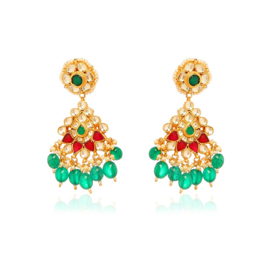 Pair of ornate gold-plated Indian style chandelier drop earrings featuring a detailed fan design with clear cubic zirconia, red and green accents, and dangling emerald-green beads from Jewellery 4 Elegance collection set on a white background.