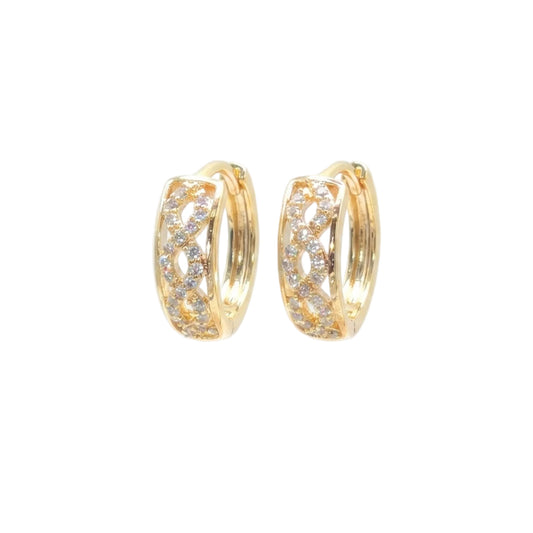 Front view of a pair of Jewellery 4 Elegance gold plated small hoop earrings featuring an openwork infinity latticework design set with pavé cubic zirconia gemstones on a white background.