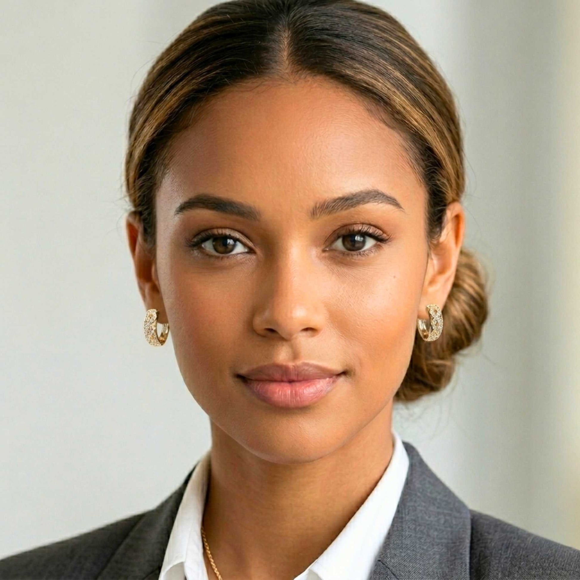 Woman wearing pair of Jewellery 4 Elegance gold plated small hoop earrings featuring an openwork infinity latticework design set with pavé cubic zirconia gemstones. and white shirt with a neutral background.  Digitally rendered model for scale