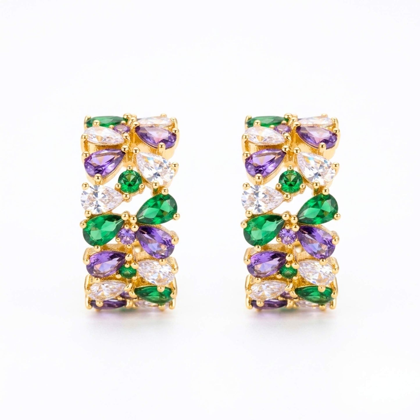 Pair of quality gold plated hoop-style stud earrings adorned with an elegant mosaic of green, purple, pink, and clear cubic zirconia gemstones on a crisp white background.