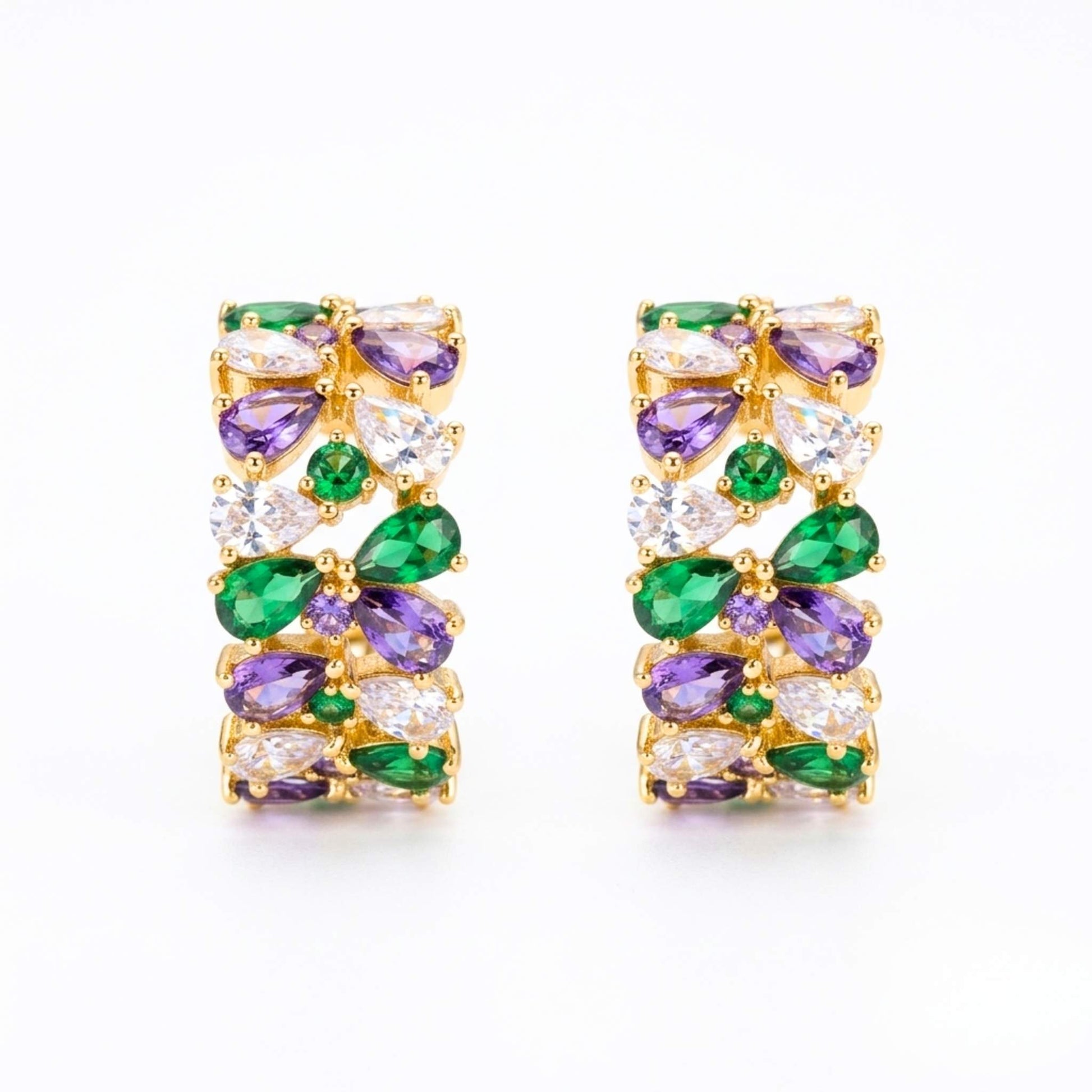 Pair of quality gold plated hoop-style stud earrings adorned with an elegant mosaic of green, purple, pink, and clear cubic zirconia gemstones on a crisp white background.