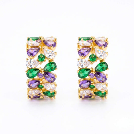 Pair of quality gold plated hoop-style stud earrings adorned with an elegant mosaic of green, purple, pink, and clear cubic zirconia gemstones on a crisp white background.