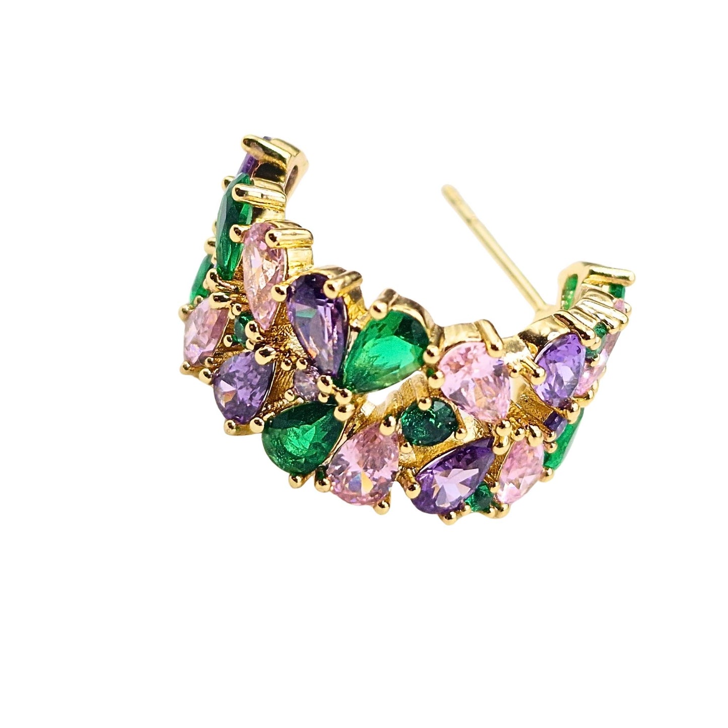 Multi-coloured gemstone earring with gold setting from the Jewellery 4 Elegance collection on a white background.