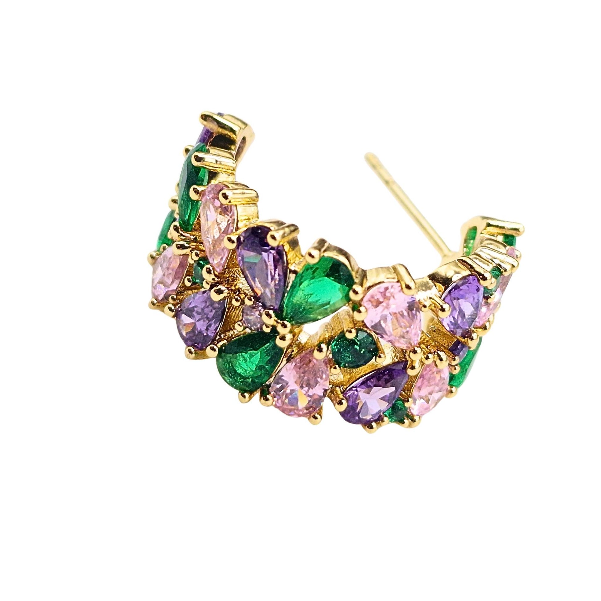 Multi-coloured gemstone earring with gold setting from the Jewellery 4 Elegance collection on a white background.